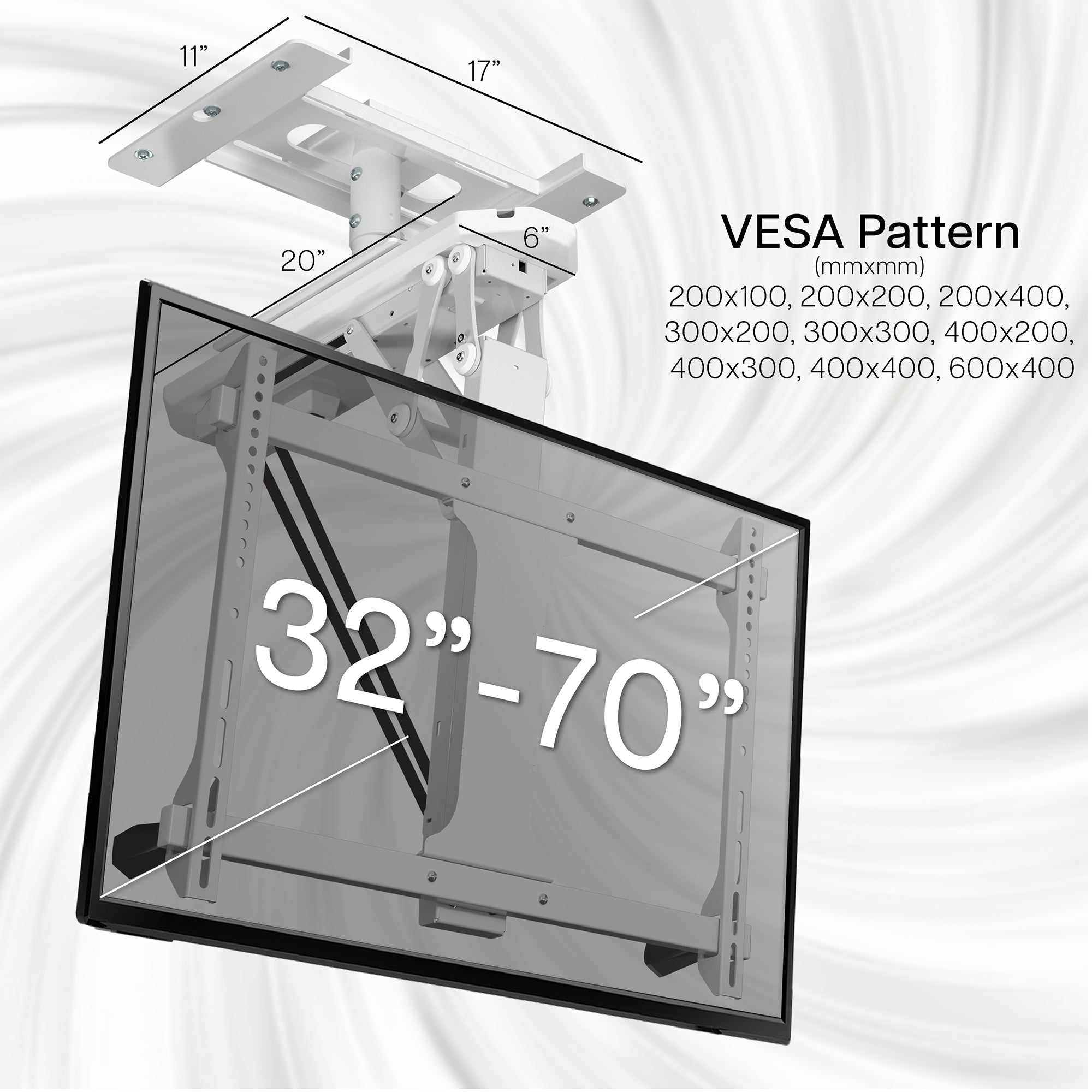Ceiling mount for TVs with dimensions and VESA pattern on a white background