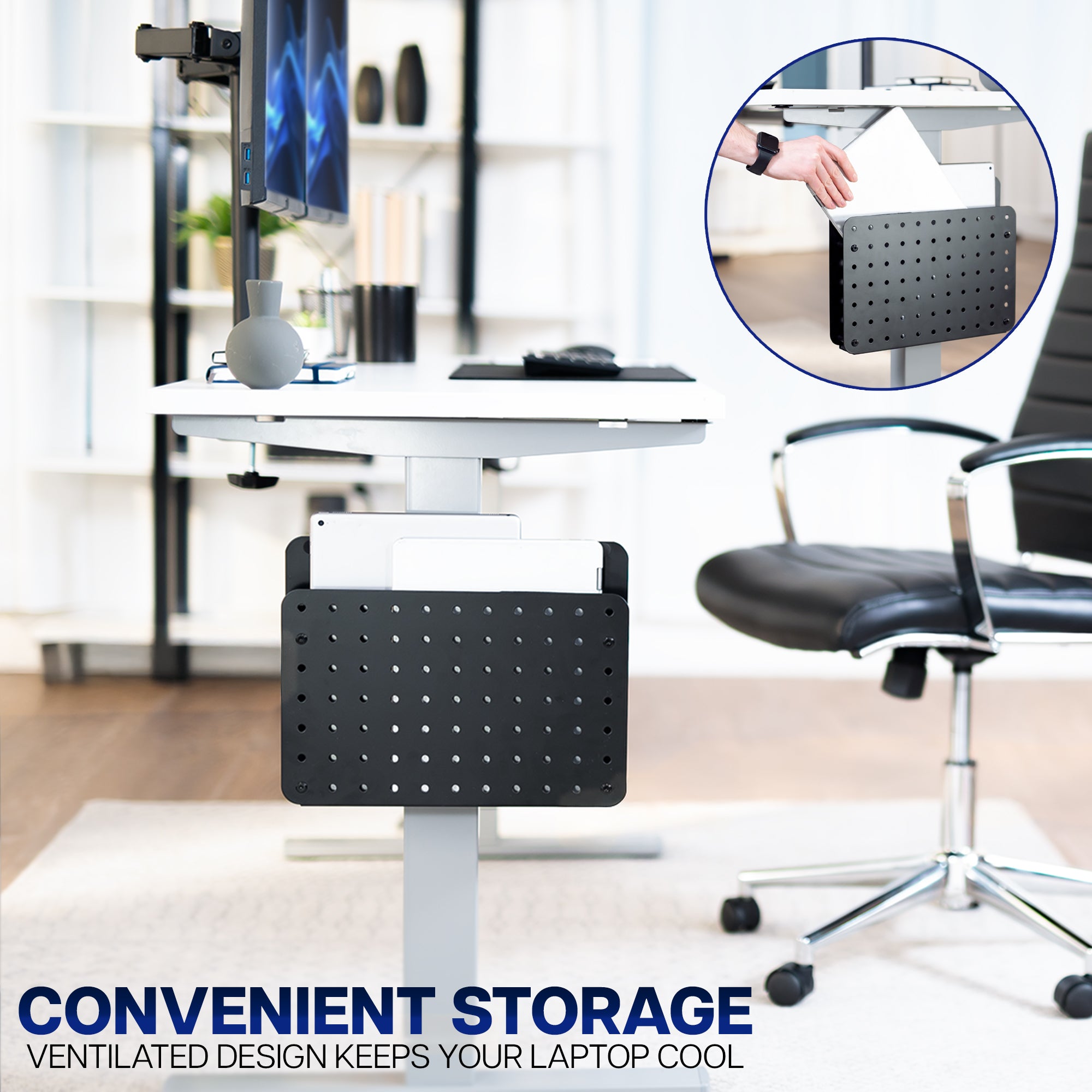 Steel Clamp-on Desk Leg Laptop Mount Holder on a white desk with office furniture in the background