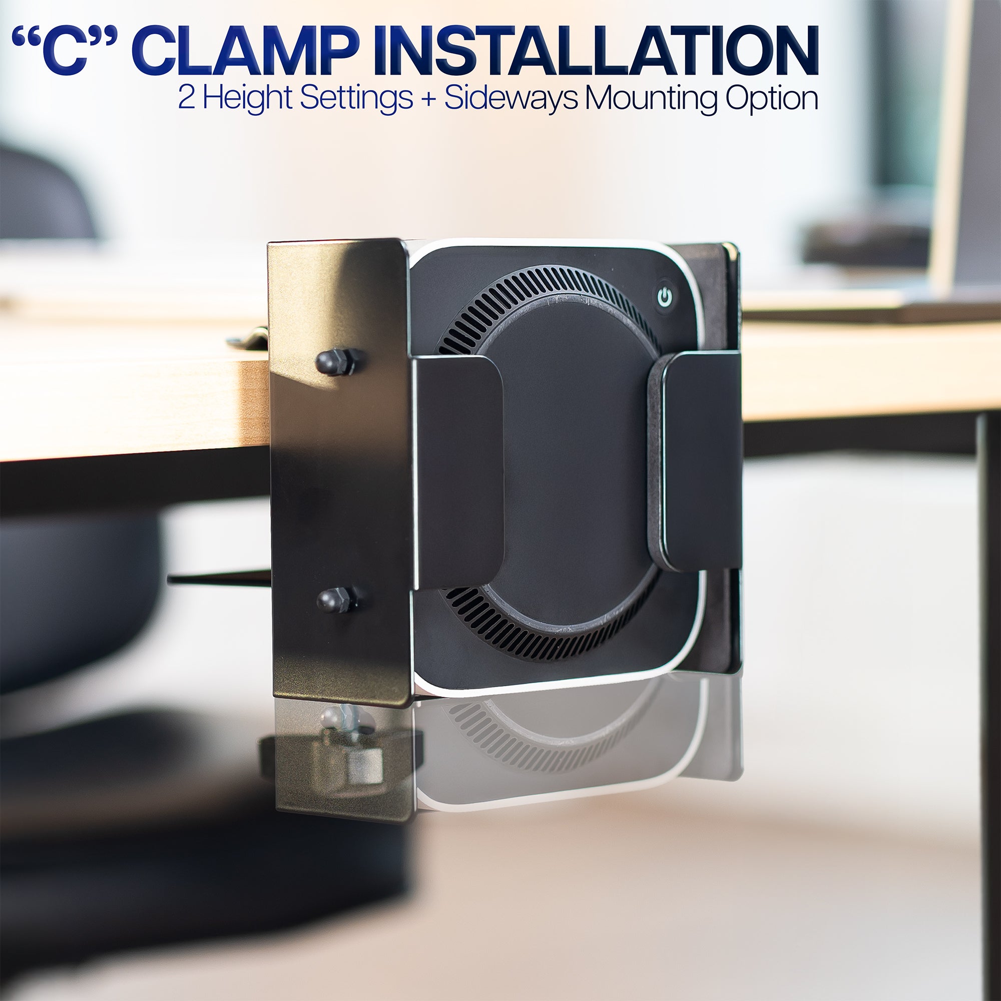 C-clamp installation option on a desk with text about height settings and mounting options.
