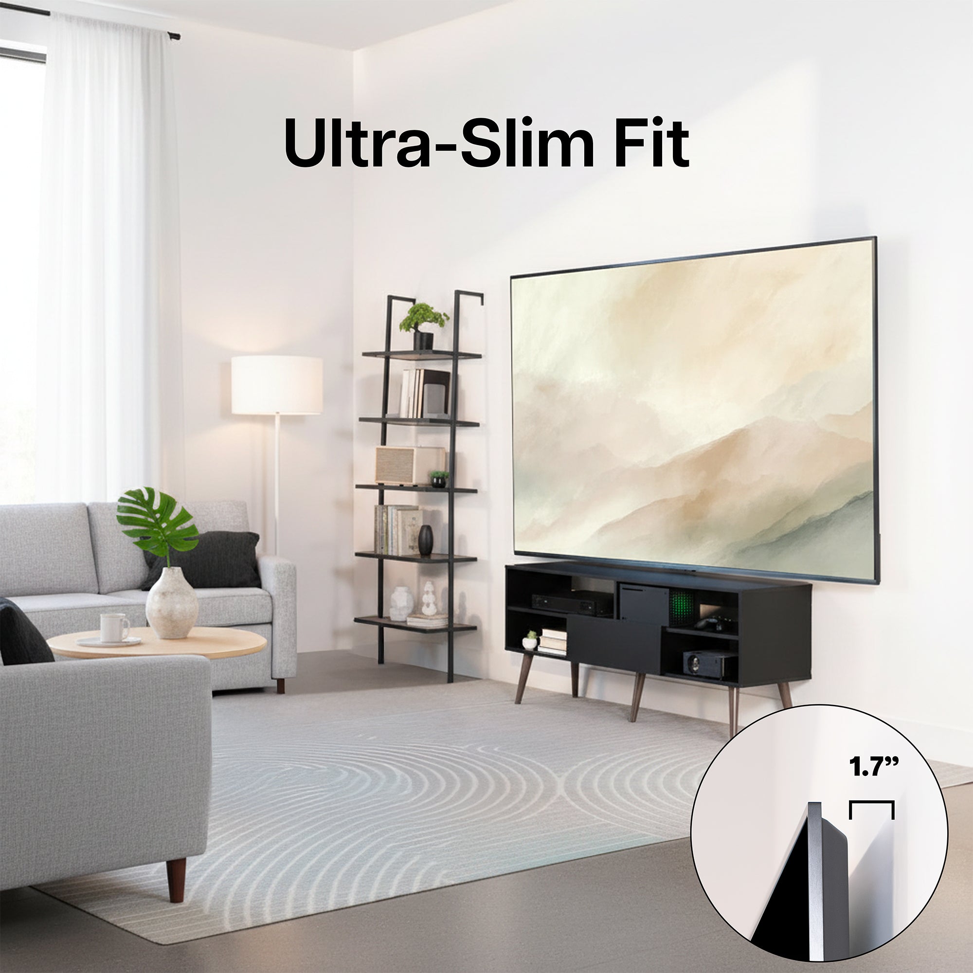 TV mounted on wall and in lower right corner shows the gap between the wall and mounts