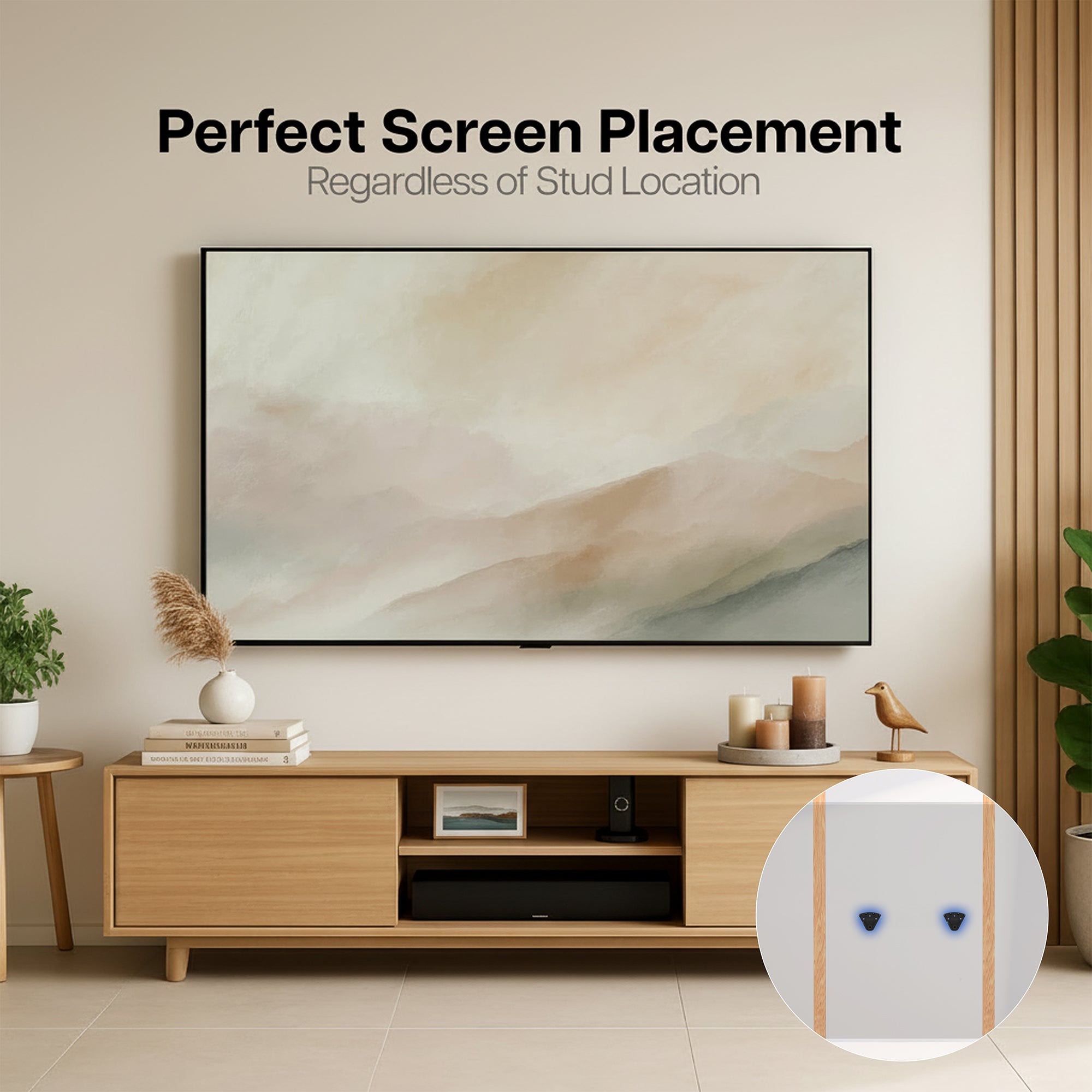 Modern living room with a TV mounted on the wall, emphasizing screen placement.