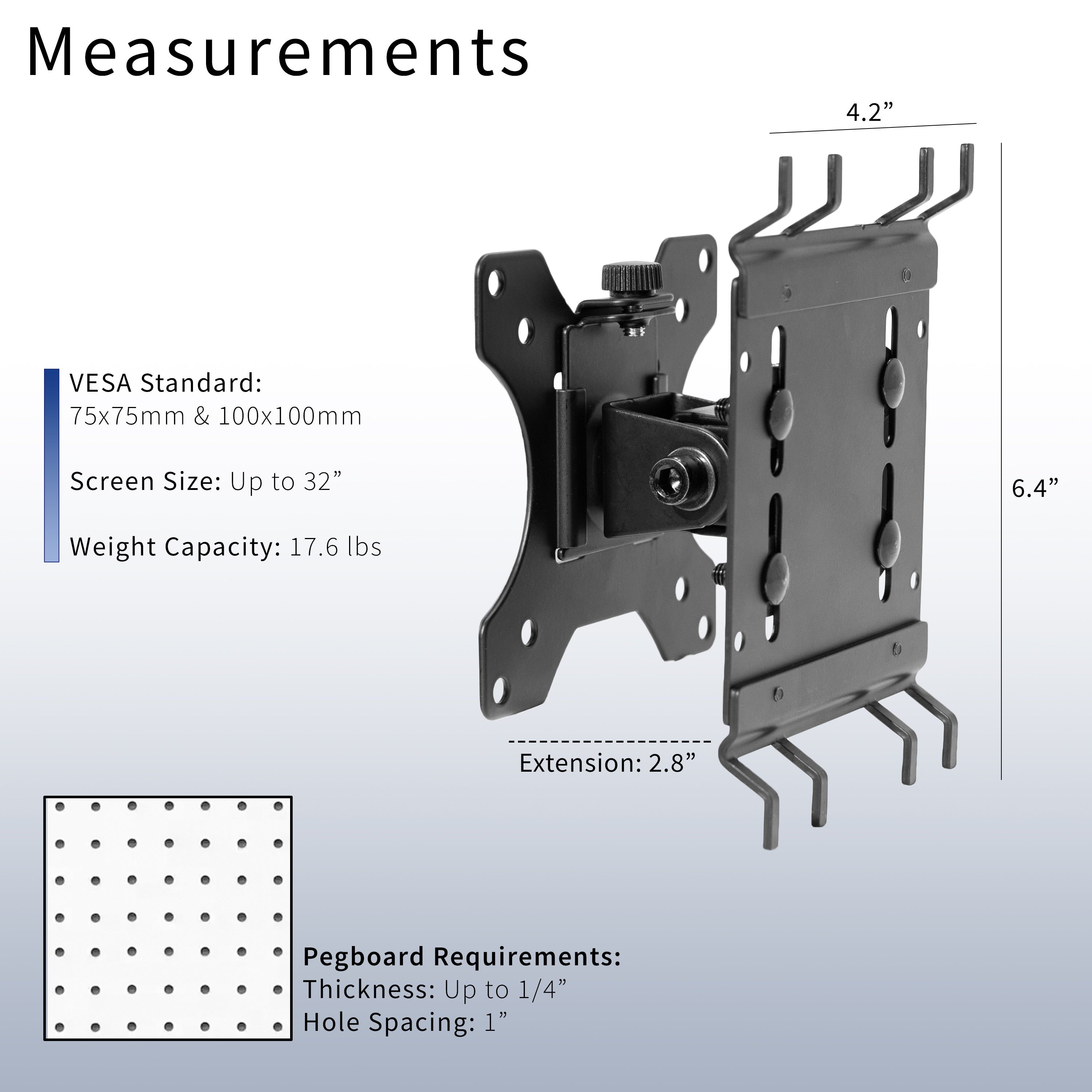Pegboard mounted single monitor mount with tilt, swivel, and rotation.