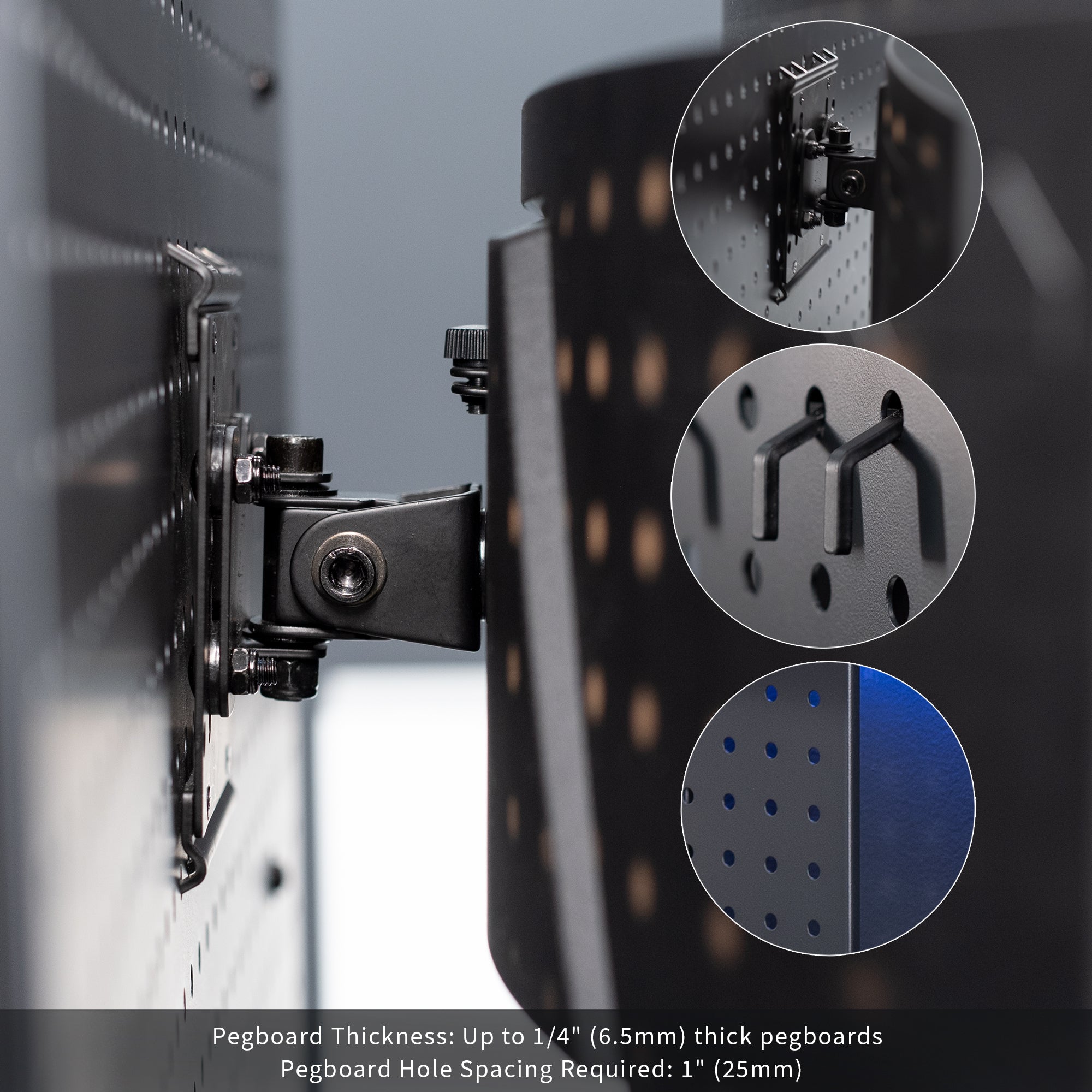 Pegboard mounted single monitor mount with tilt, swivel, and rotation.