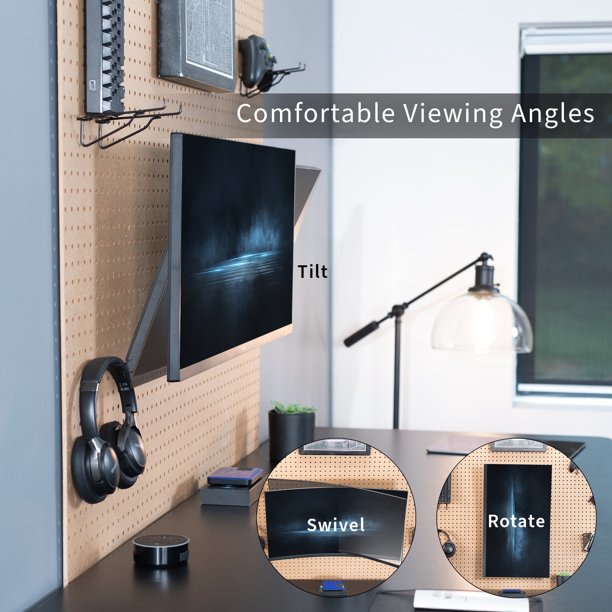 Pegboard mounted single monitor mount with tilt, swivel, and rotation.