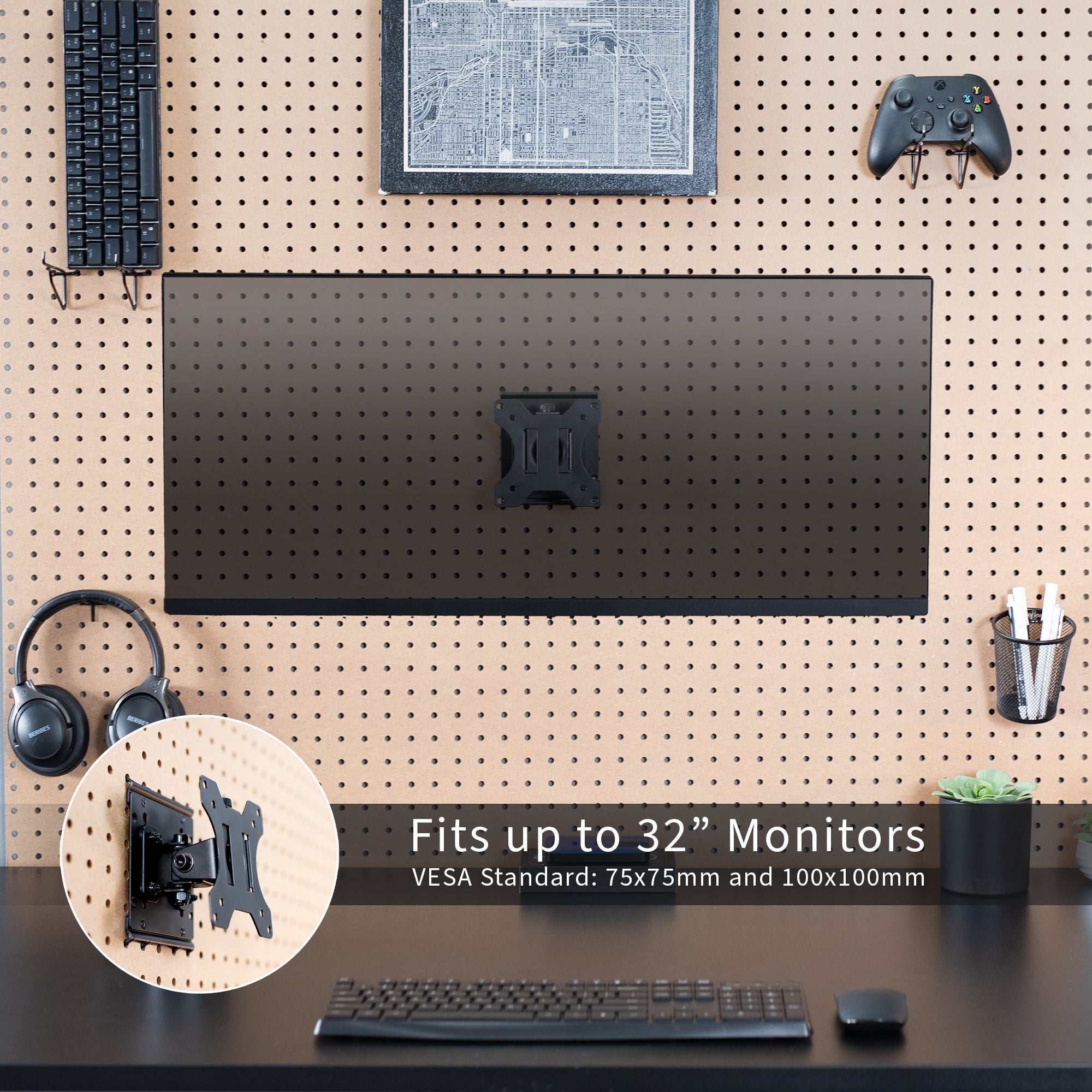 Pegboard mounted single monitor mount with tilt, swivel, and rotation.