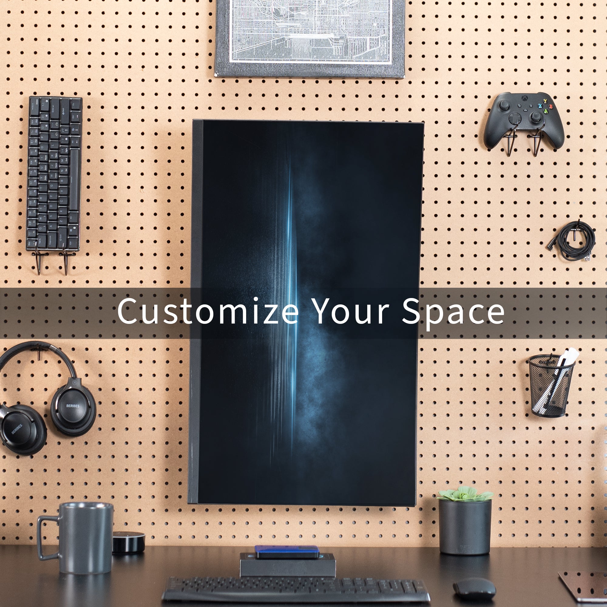 Pegboard mounted single monitor mount with tilt, swivel, and rotation.