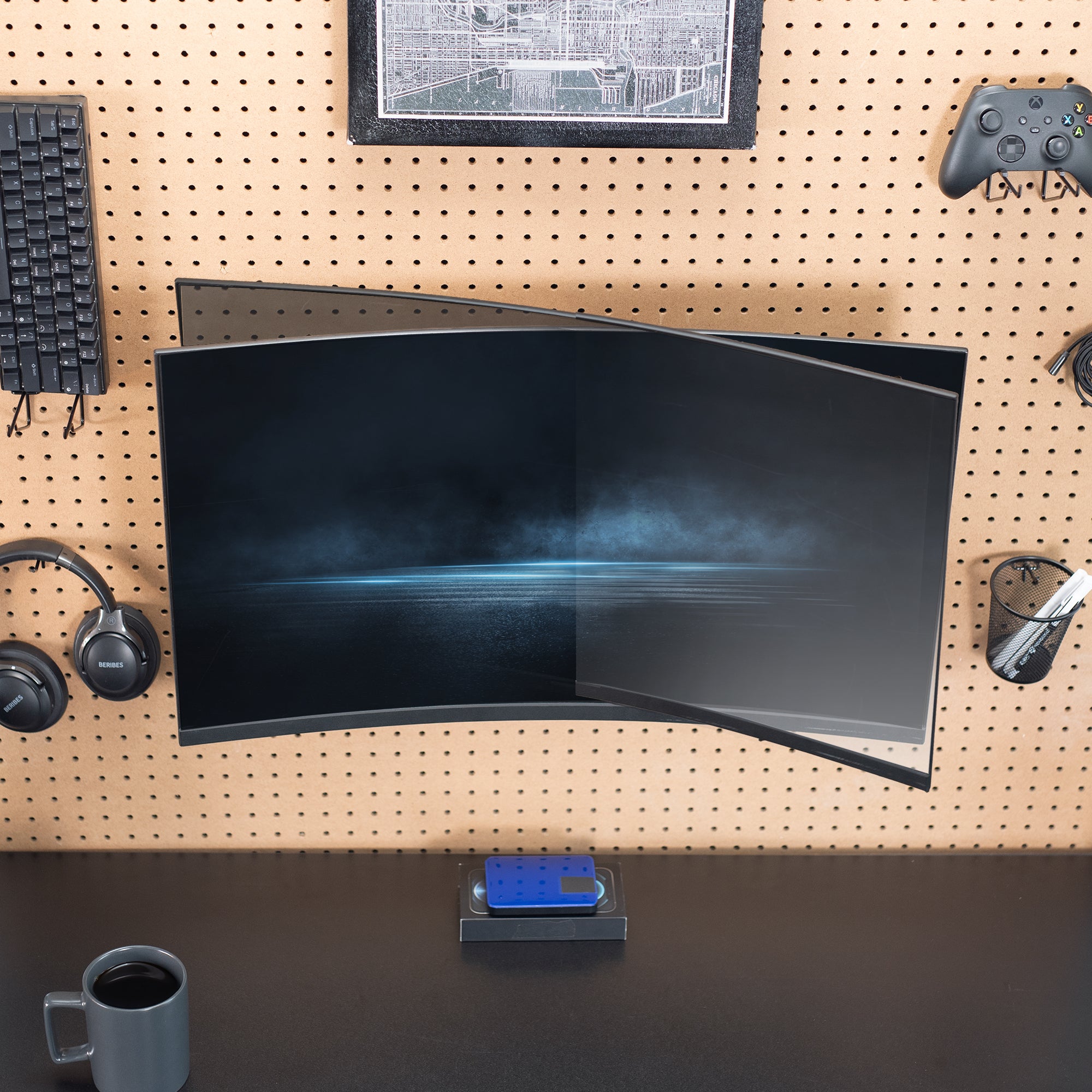 Pegboard mounted single monitor mount with tilt, swivel, and rotation.