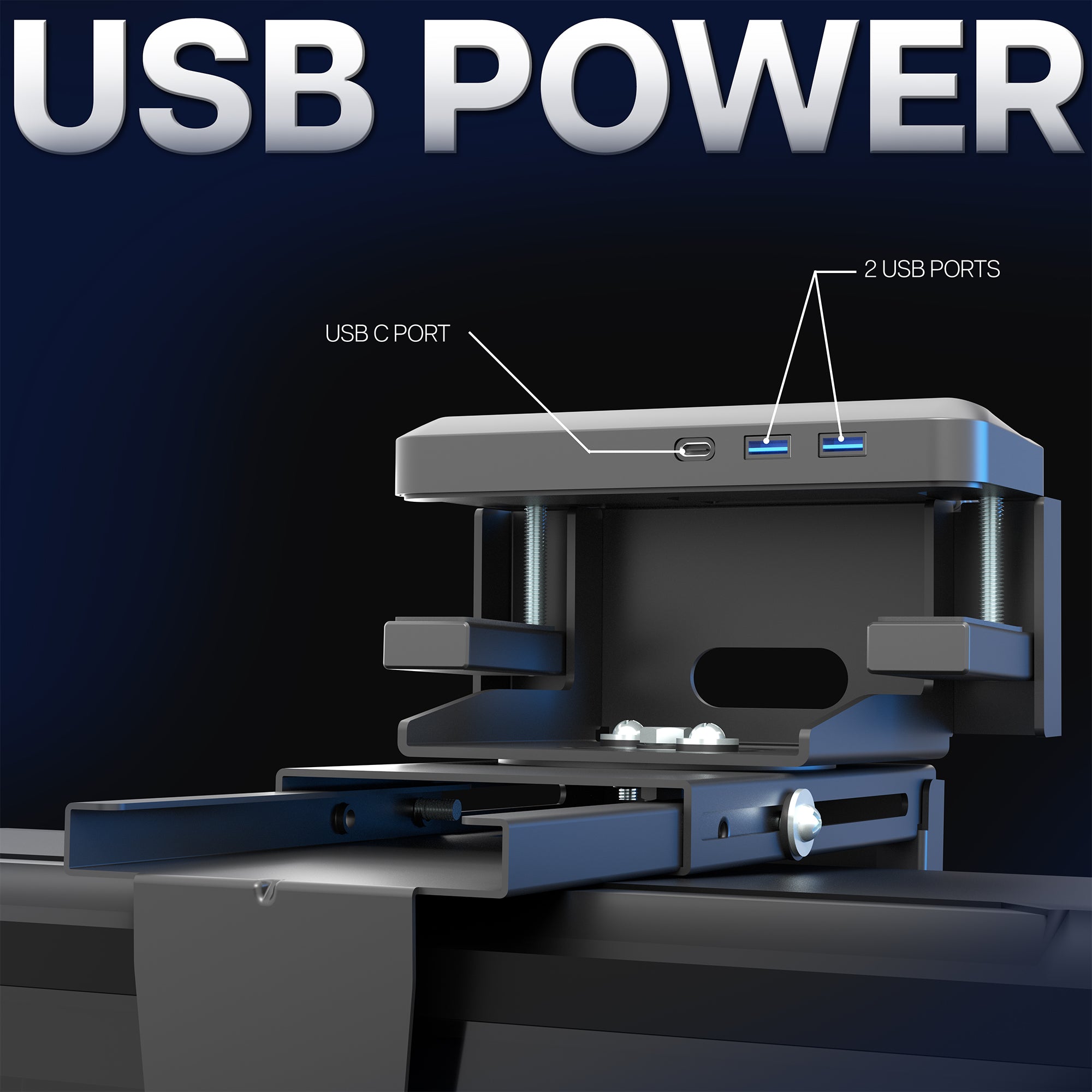 Large Clamp-on Desk and Wall PC Mount with USB ports and power connection labeled, featuring 'USB Power' text.