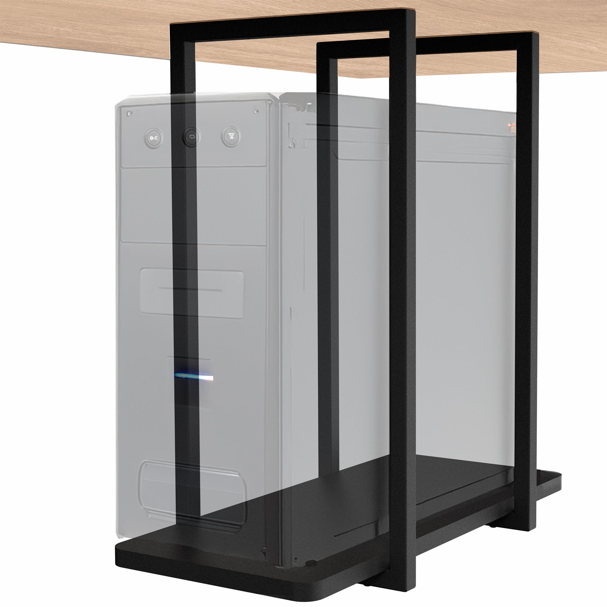 Computer case with transparent side panel and black frame on a white background