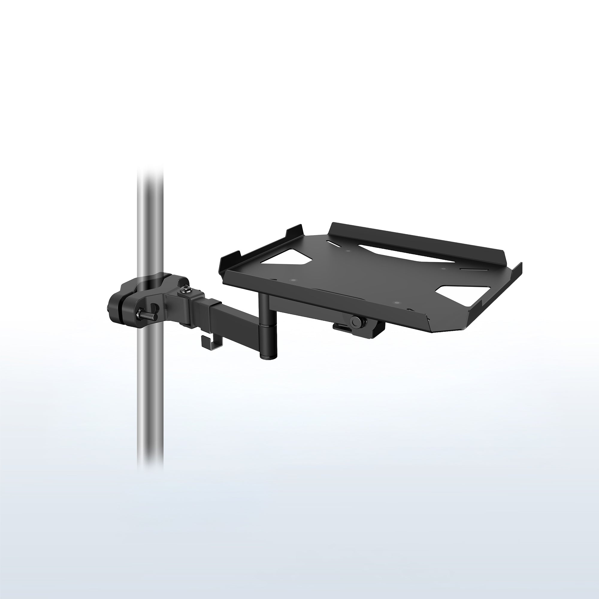 A black pole mount shelf with an articulating arm designed to attach to a pole.