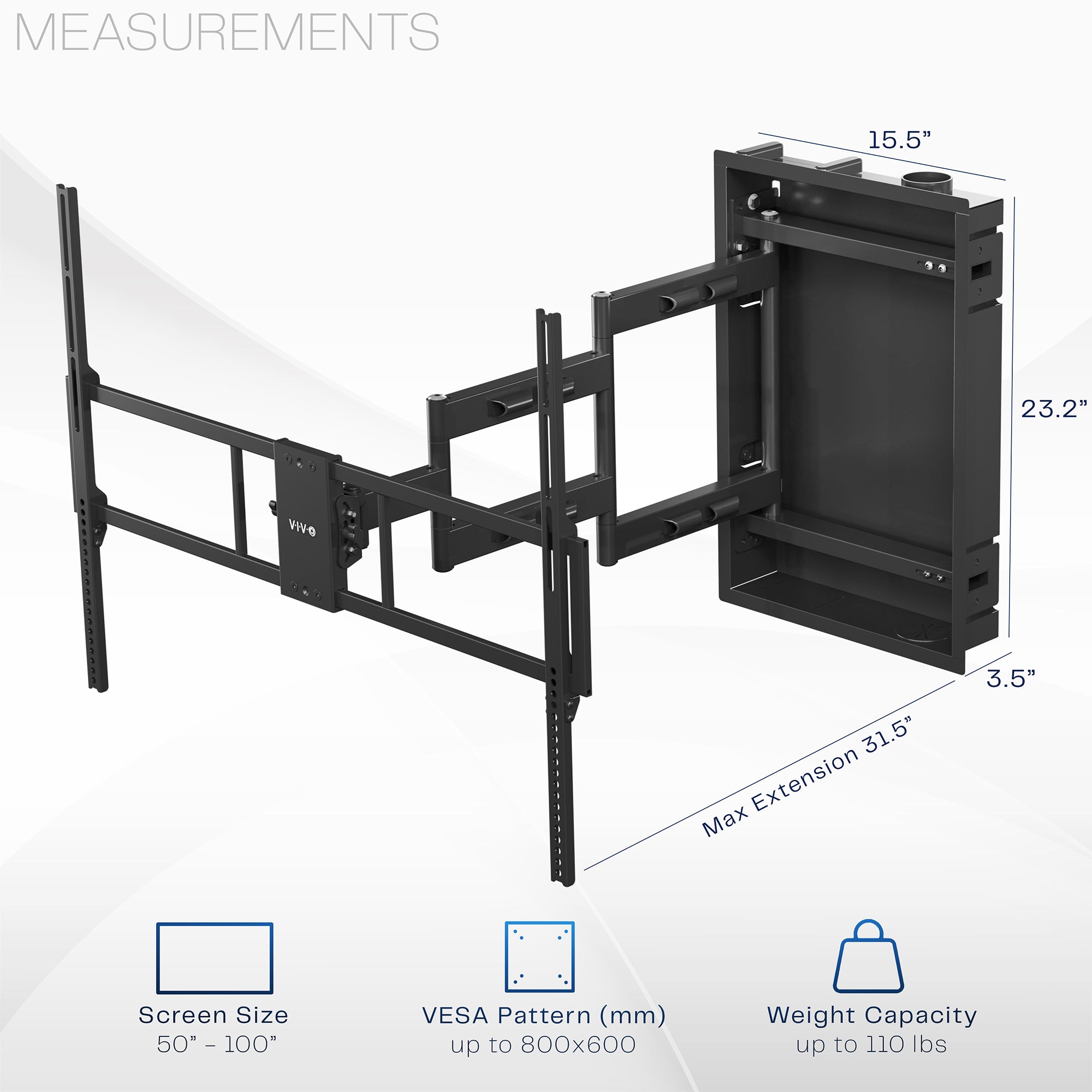 A black large TV wall mount with an adjustable arm.