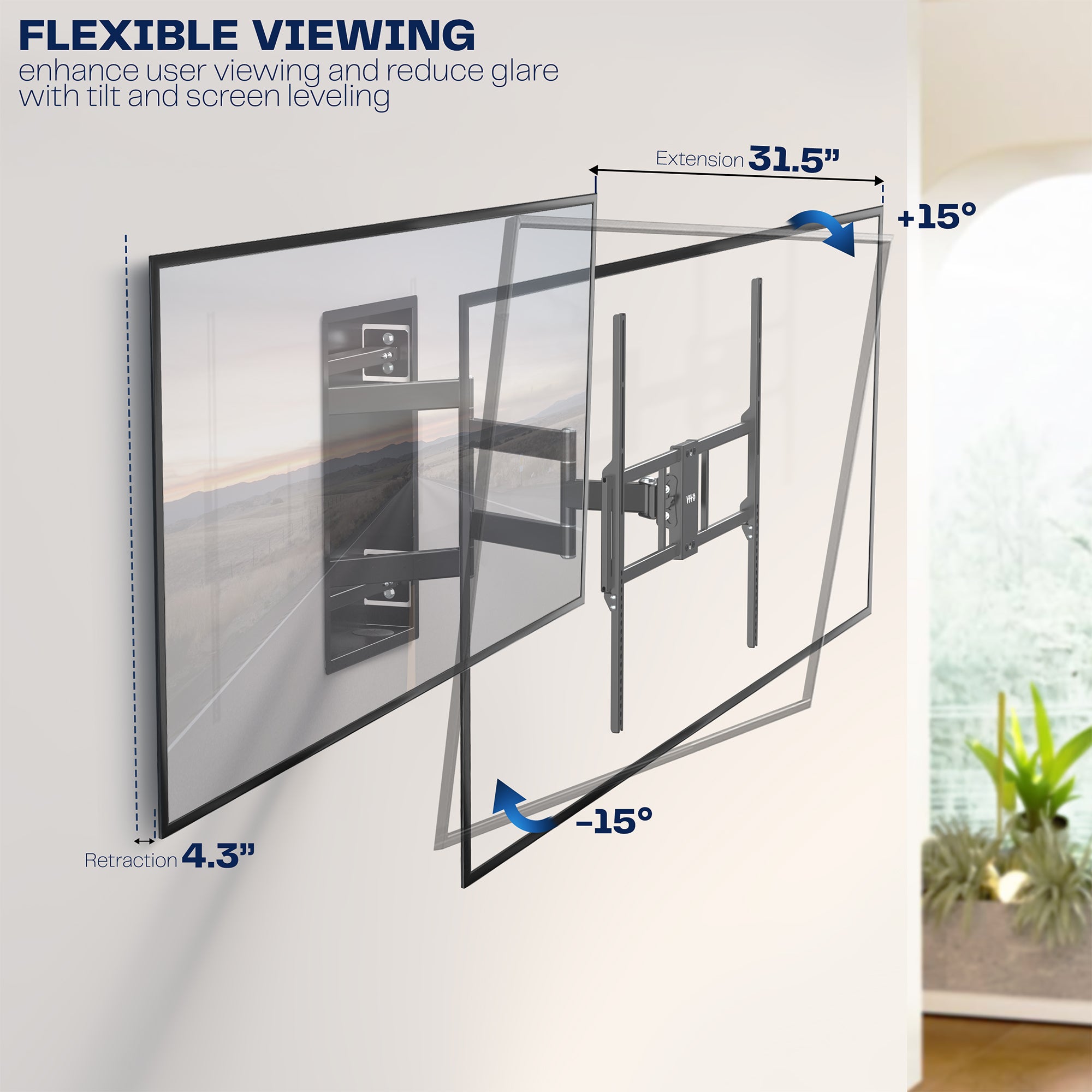A black large TV wall mount with flexible viewing capabilities.