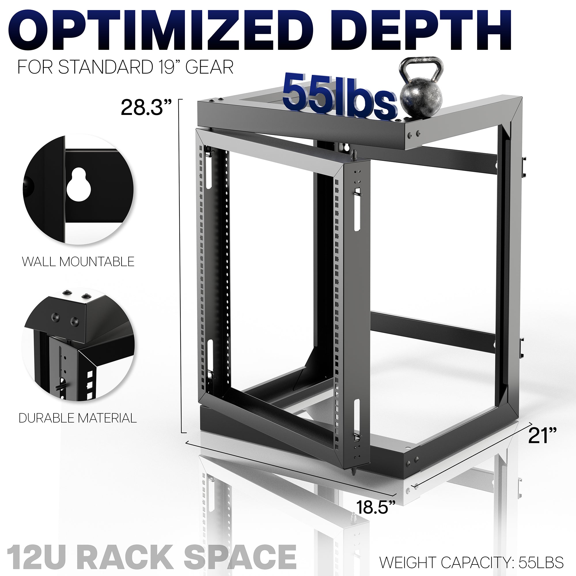 Diagram showing the product dimensions for the wall mounted server rack that holds 55 lbs
