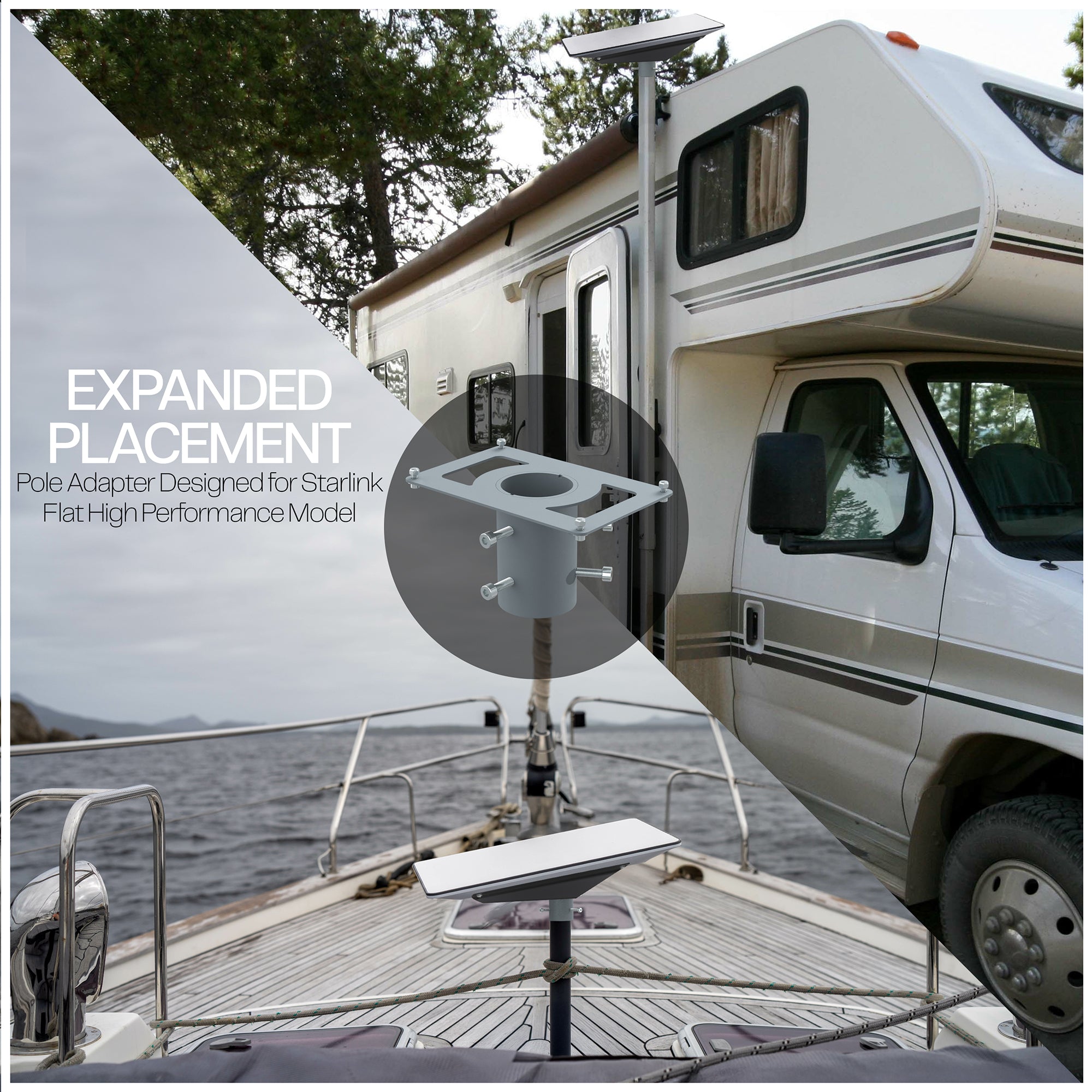 Pole adapter compatibility shown in a camping and boating scene.
