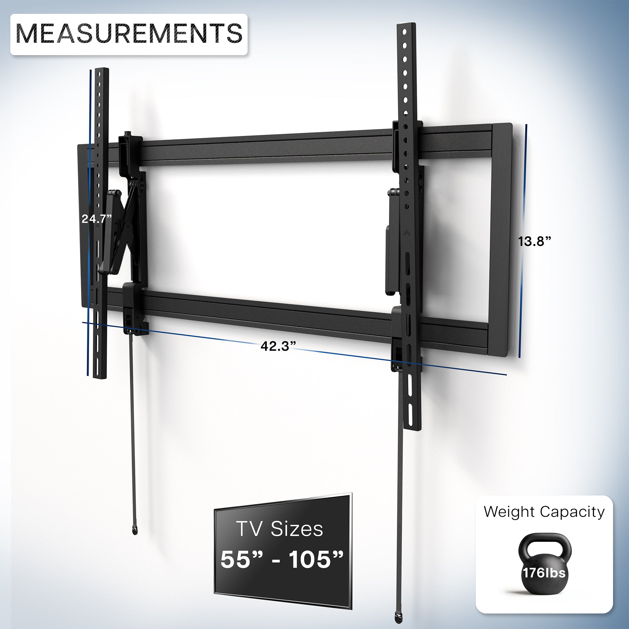 Black TV wall mount with measurements and capacity details on a white background