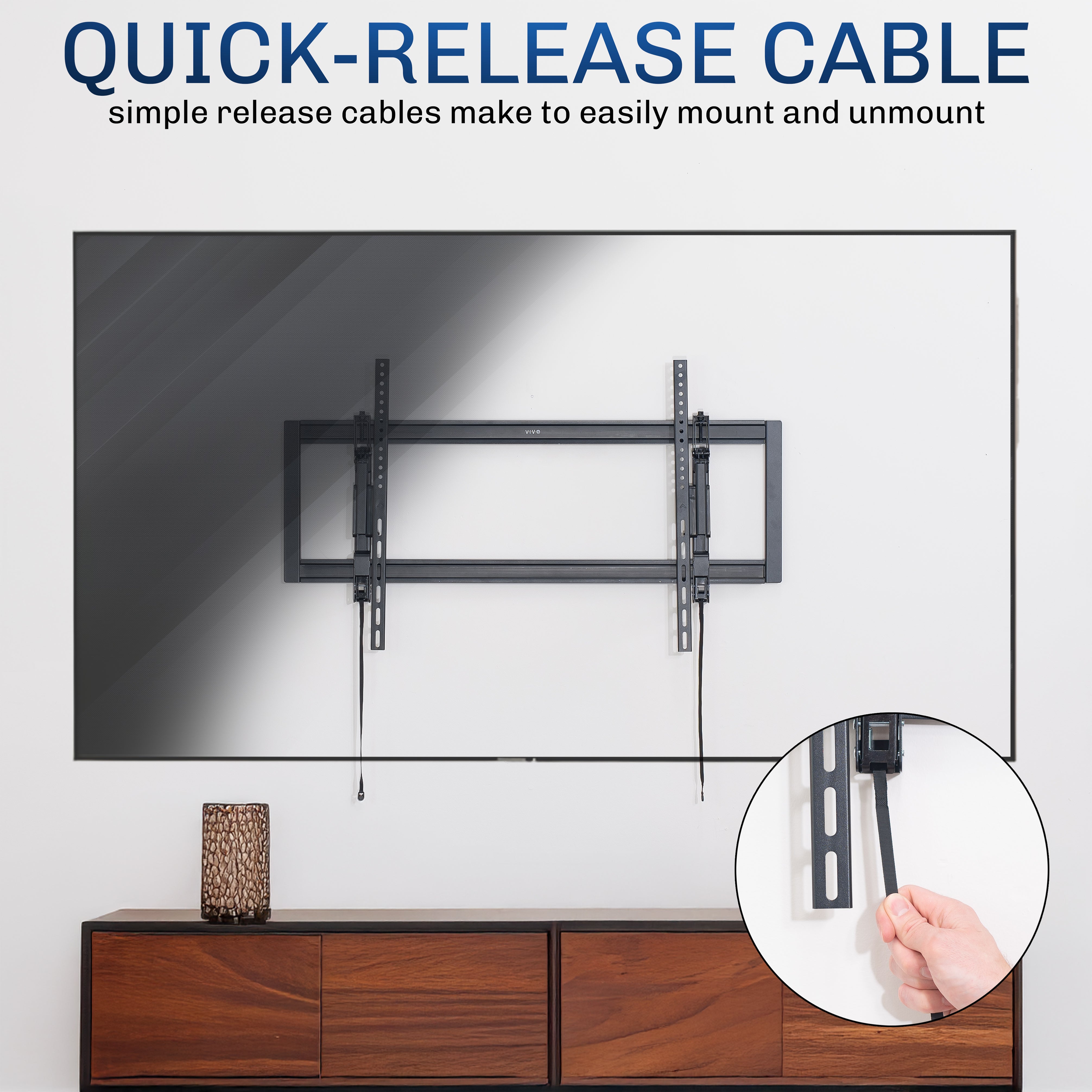 TV wall mount with quick-release cable system on a white background