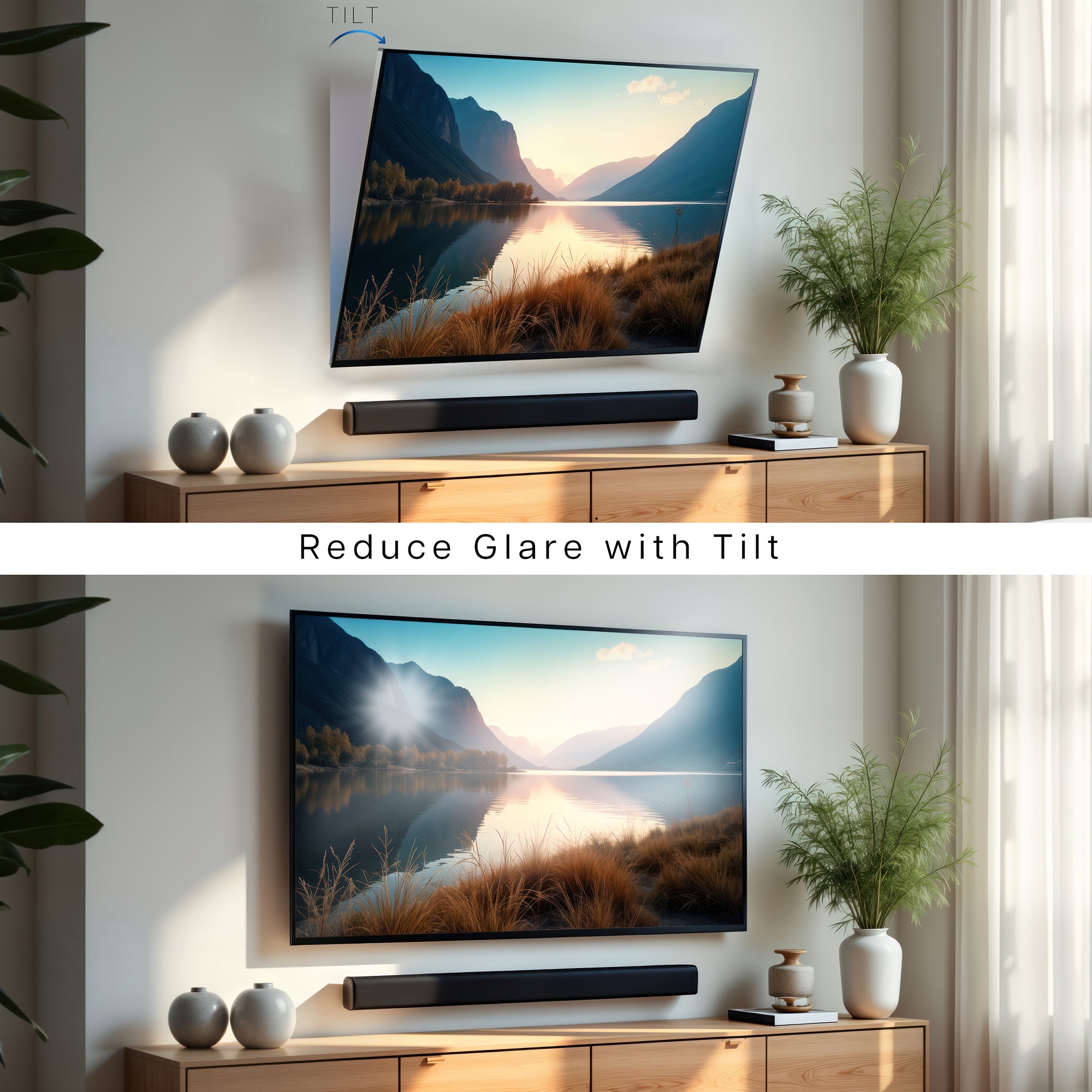 Smart TV on a wooden stand with a scenic display, showing the effect of tilt to reduce glare.