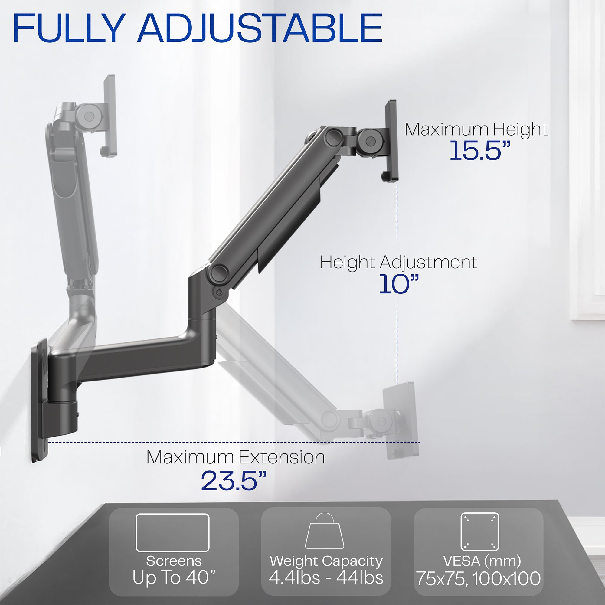 Fully adjustable Mechanical Arm Single Ultrawide Monitor Wall Mount