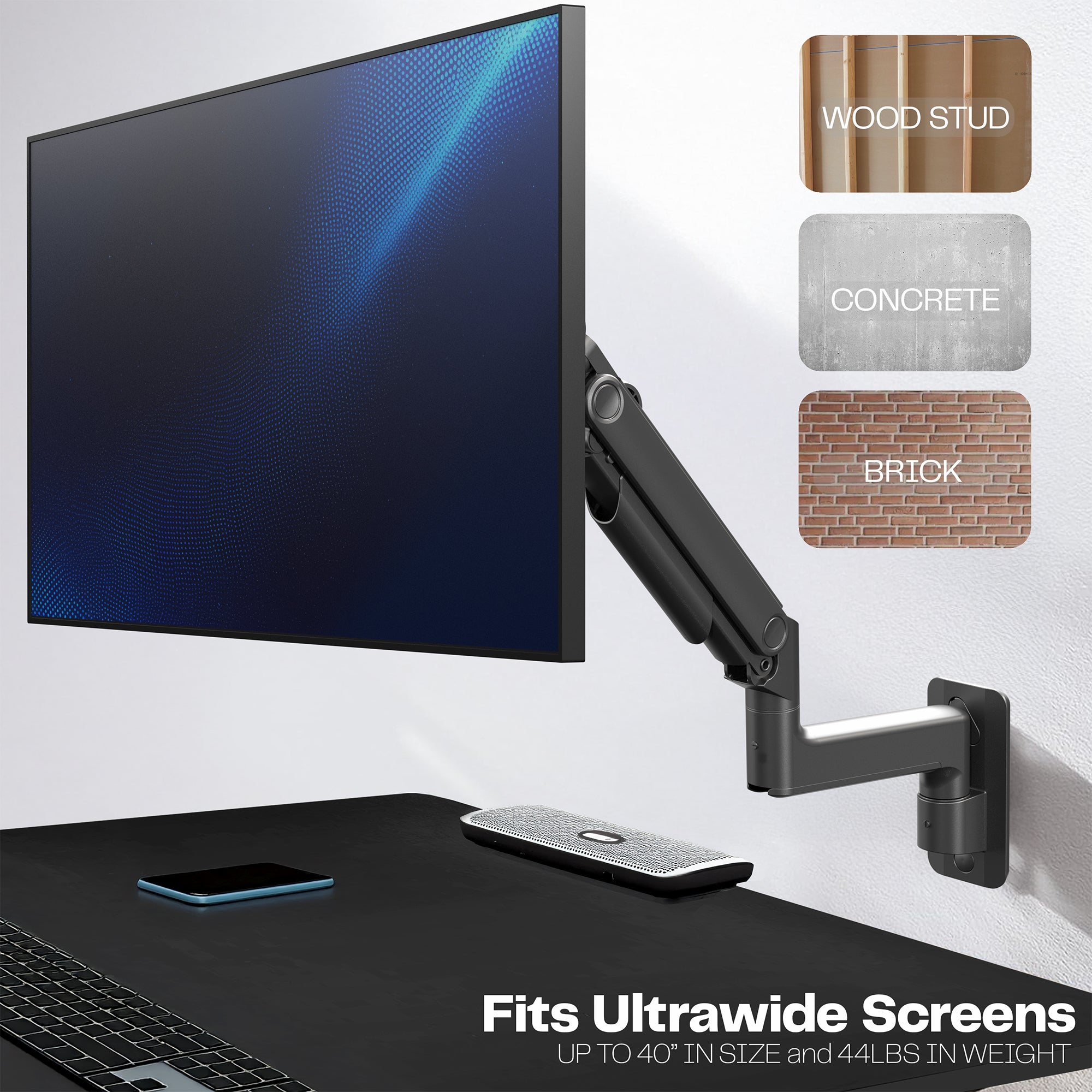 Mechanical Arm Single Ultrawide Monitor Wall Mount fits ultrawide screens up to 40" and 44lbs in size.