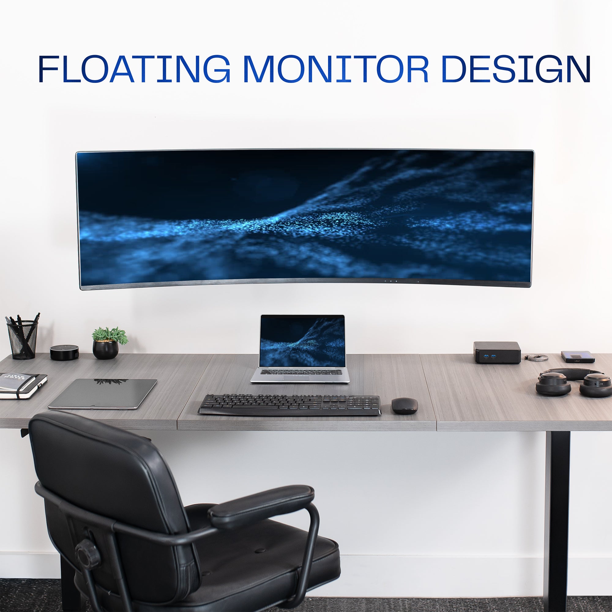 Floating monitor design in office space.