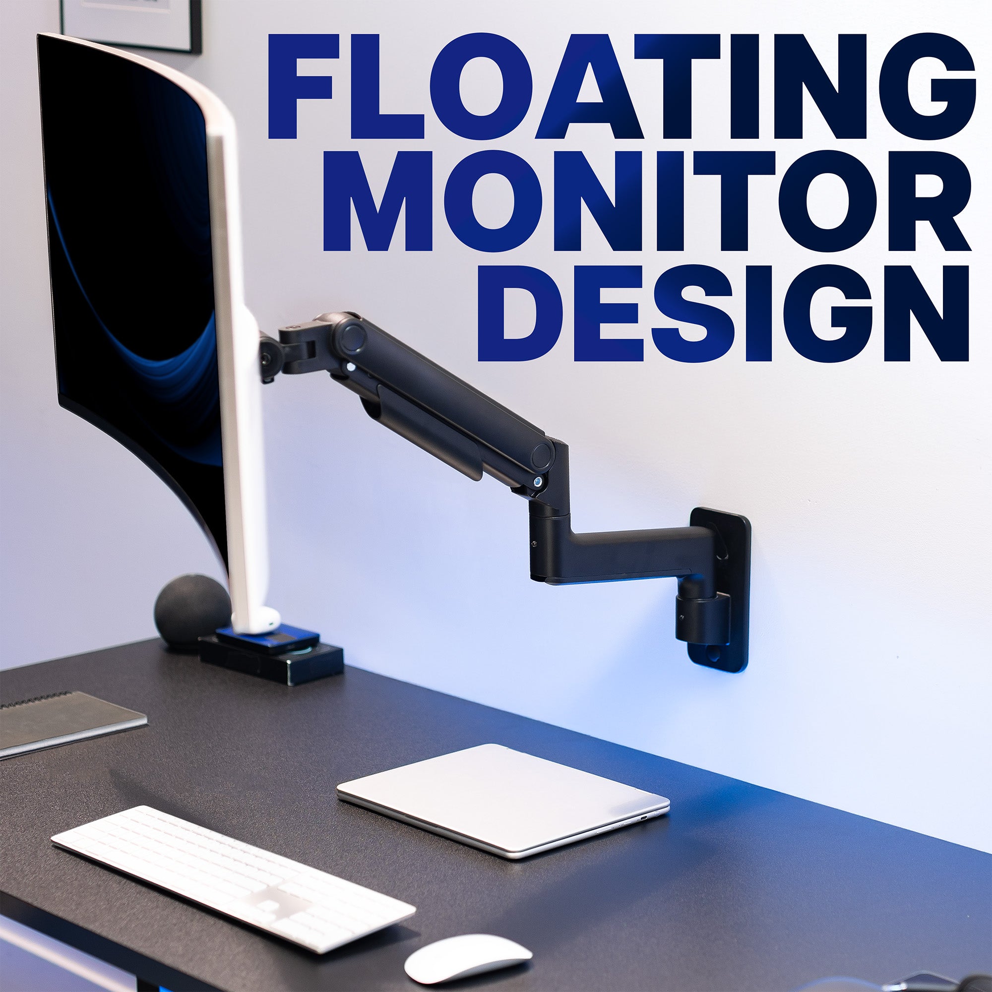 Monitor on a wall mount with text 'Floating Monitor Design' on a desk setup.