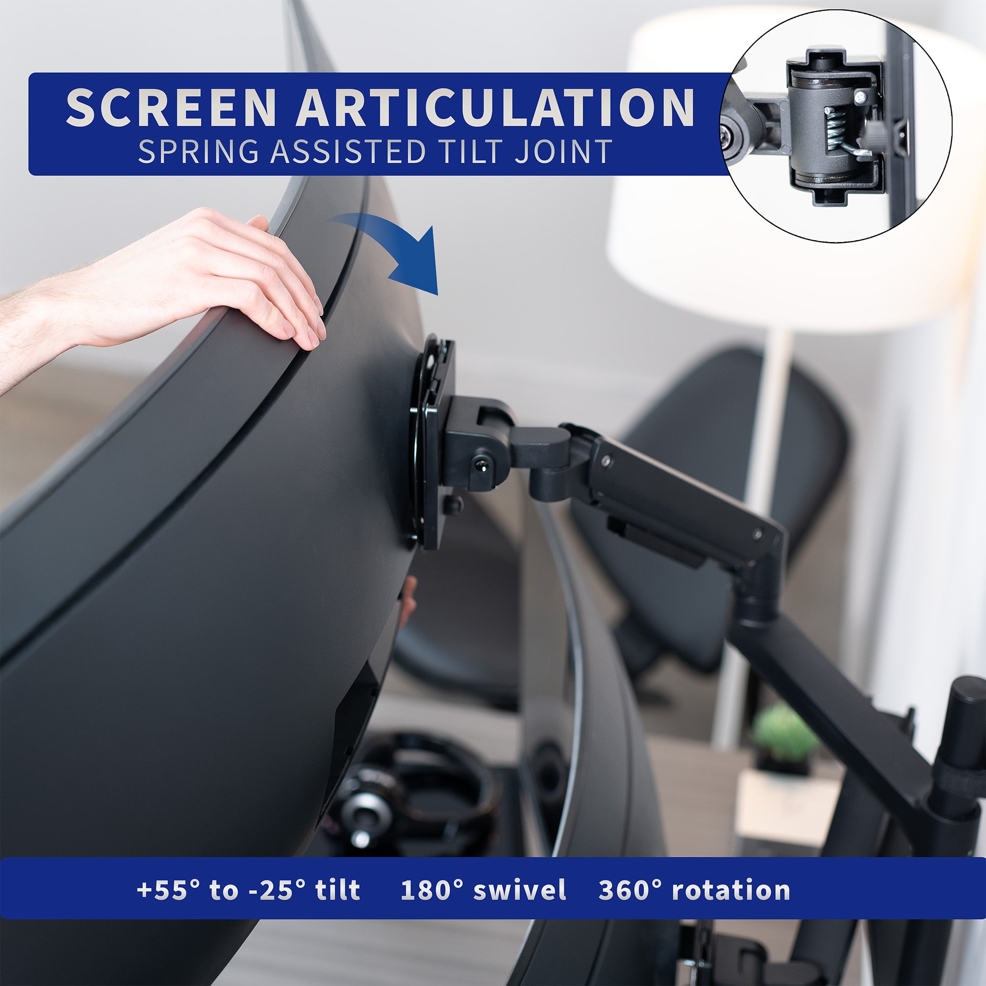 A black pneumatic arm dual ultrawide monitor wall mount with text highlighting screen articulation.