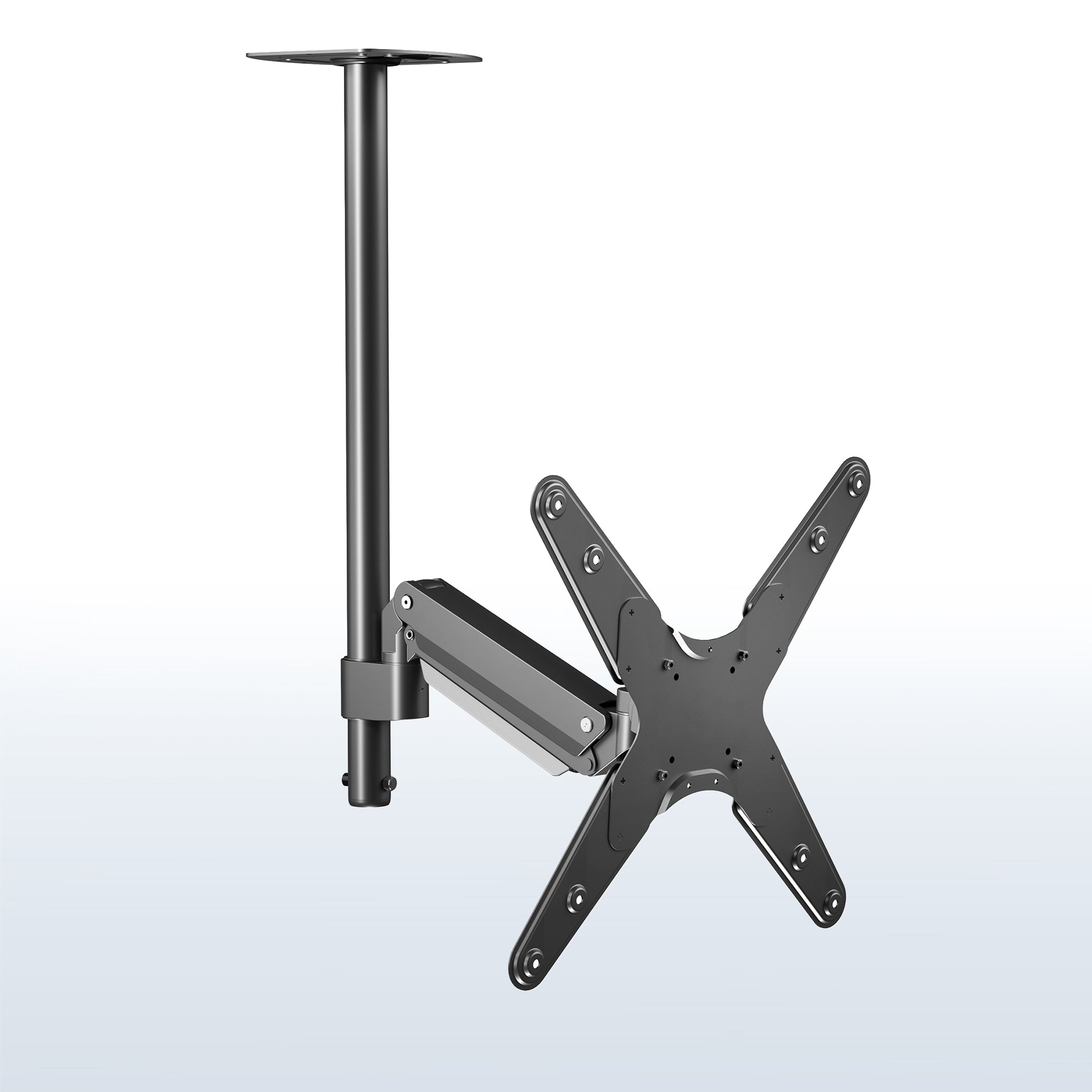 Articulating ceiling TV mount in black color.