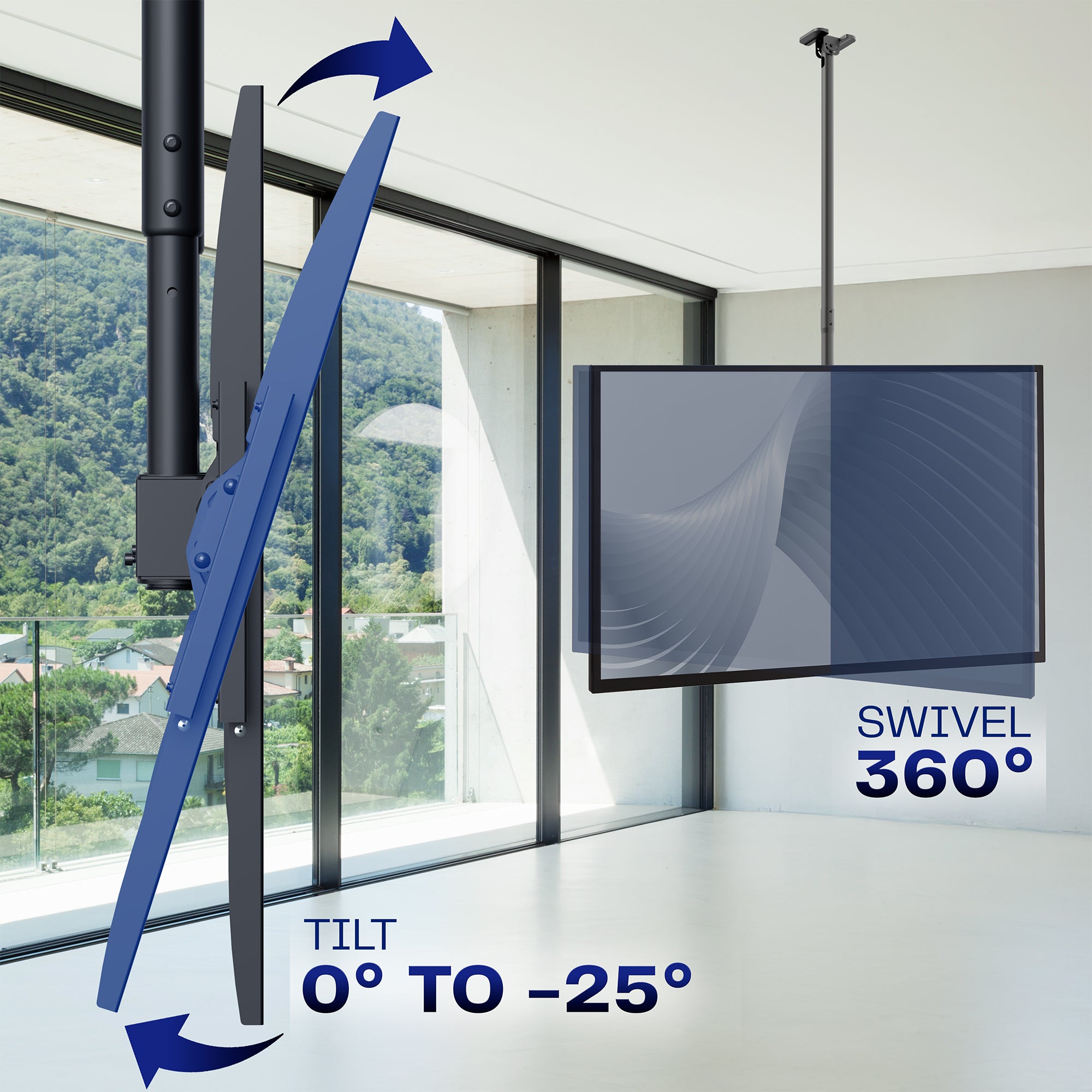 TV mount with swivel and tilt features in a room with large windows.