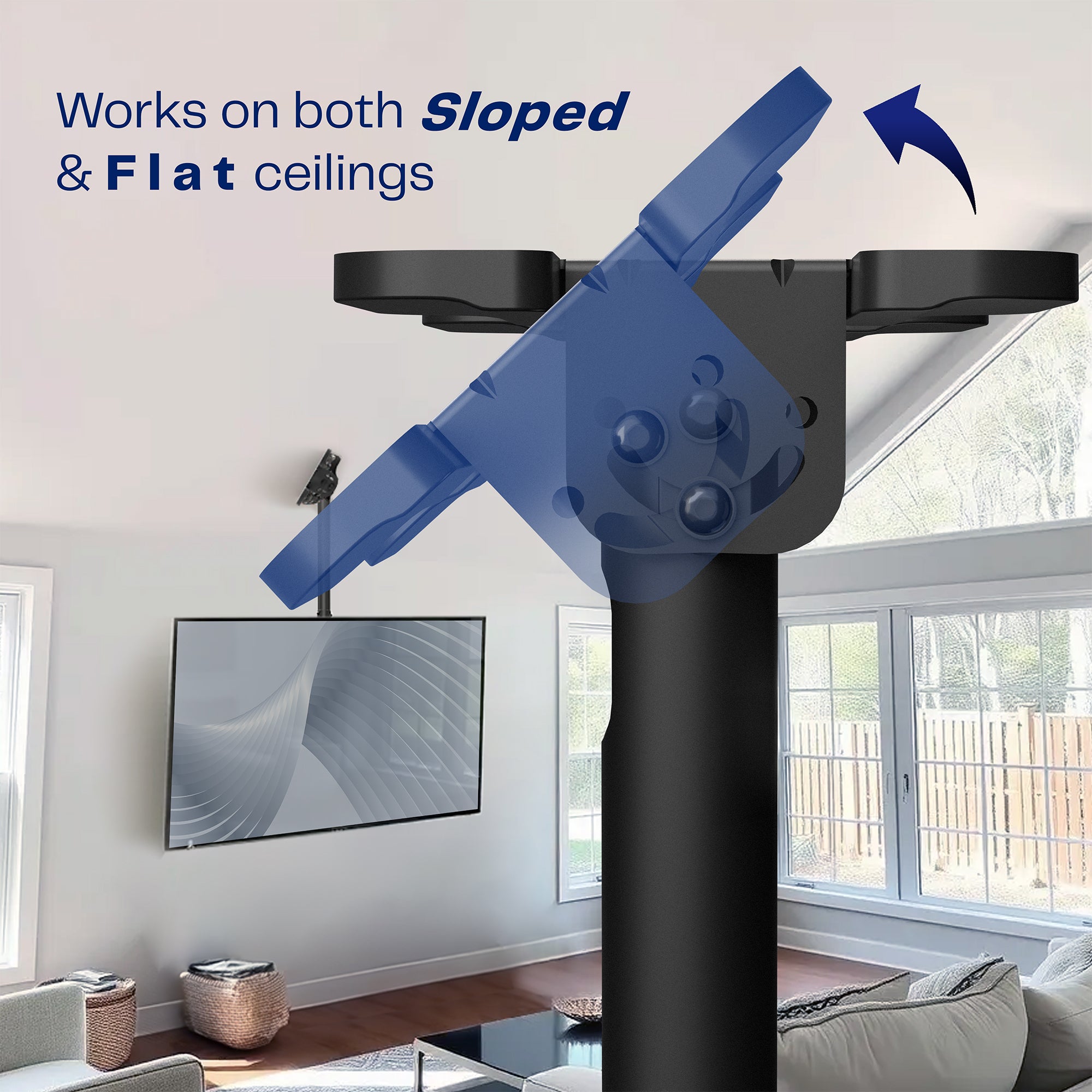 TV mount bracket with text indicating compatibility on both sloped and flat ceilings, set against a living room background.