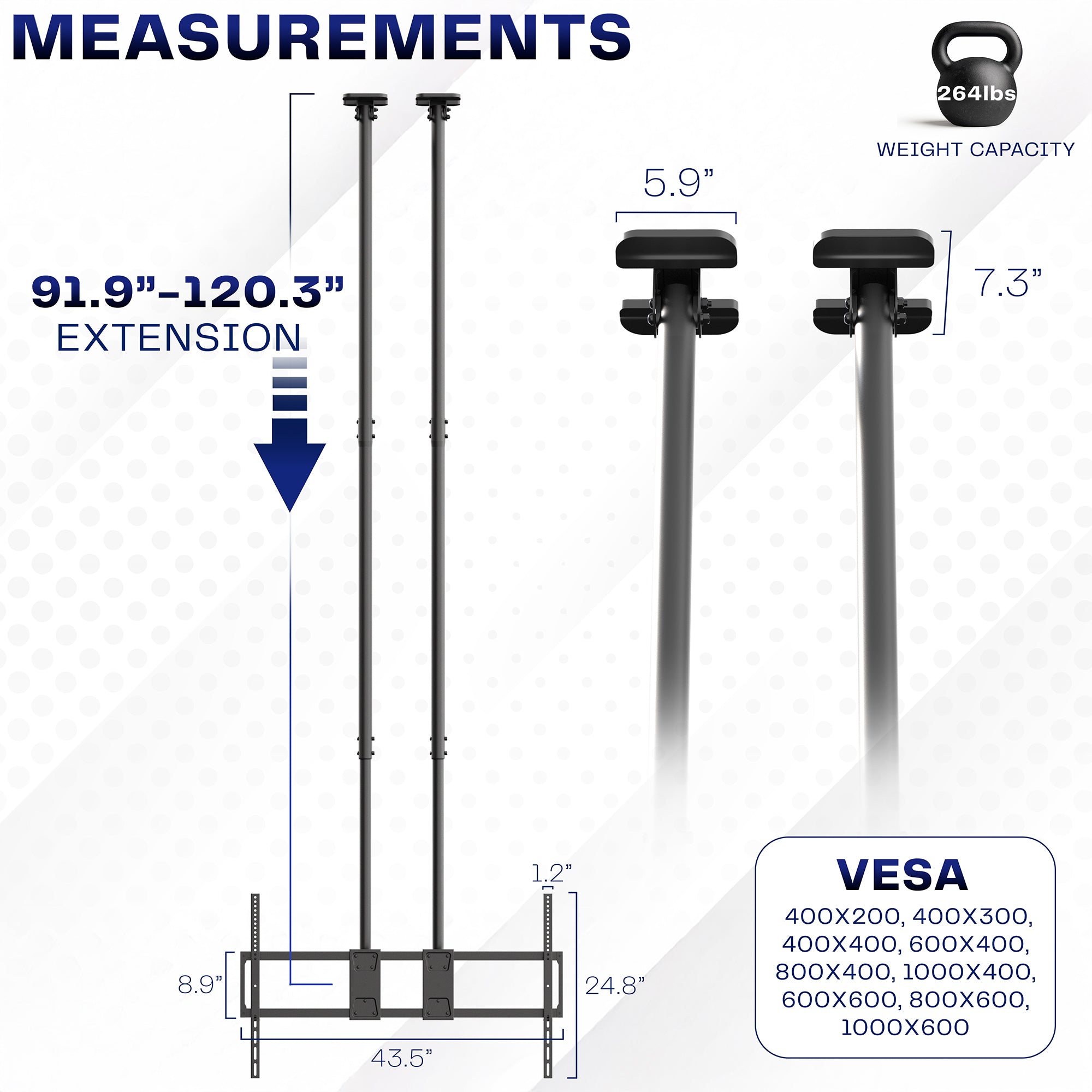 Dual Pole Extra Large 60” to 120” TV Ceiling Mount with Extension Pole