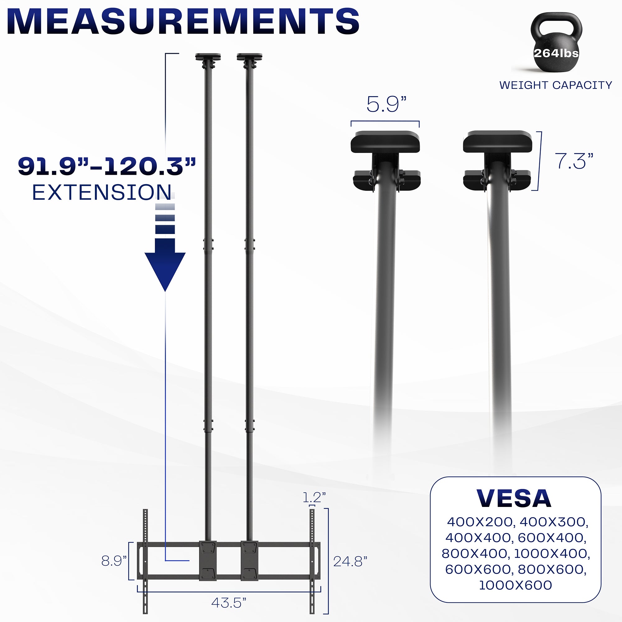 Measurement chart for a TV ceiling mount with dimensions and weight capacity details.
