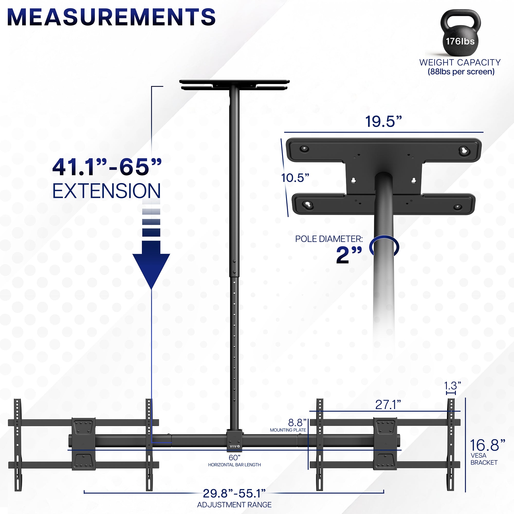 Measurements of a Side-by-Side Dual TV Ceiling Mount with extension, weight capacity, and pole diameter details.