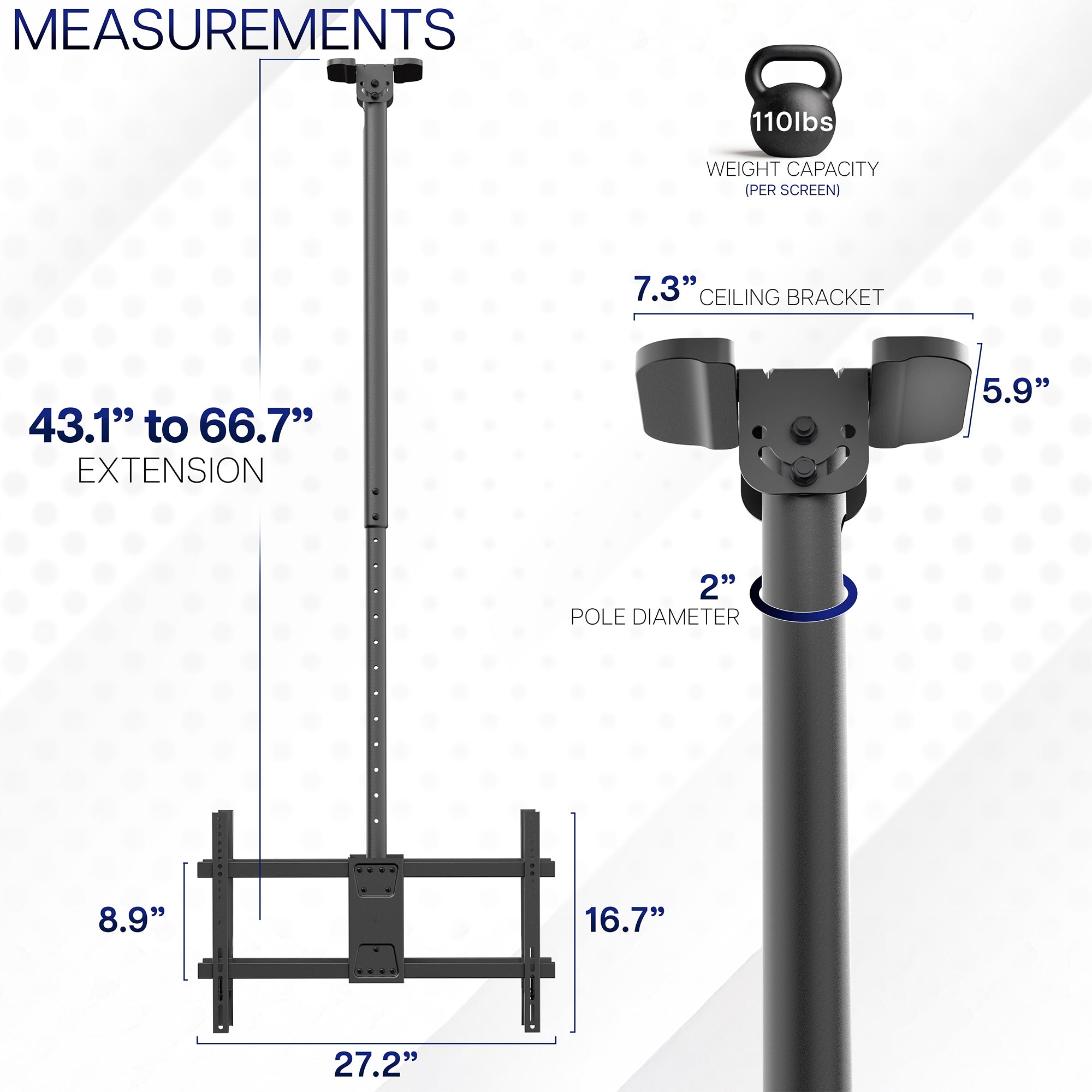Measurements charts for the back-to-back dual tv ceiling mount