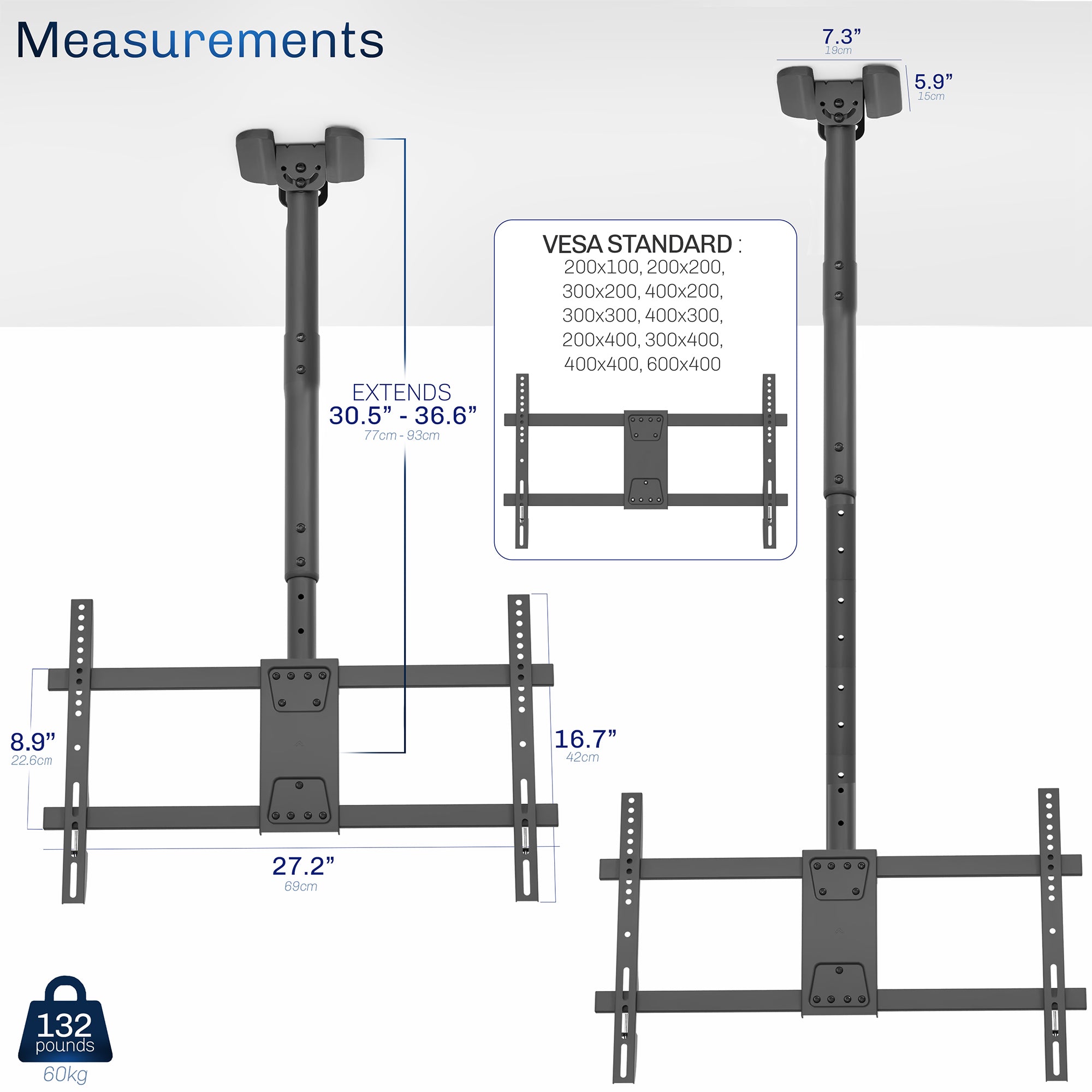Measurement chart of a TV ceiling mount with dimensions and weight details.