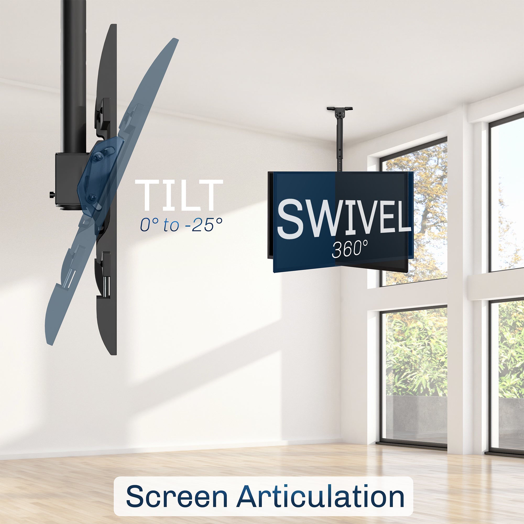 Height adjustable large TV mount with tilt, swivel, and an integrated cable management system. Mount to flat and sloped ceilings or wall with hardware and instructions included.