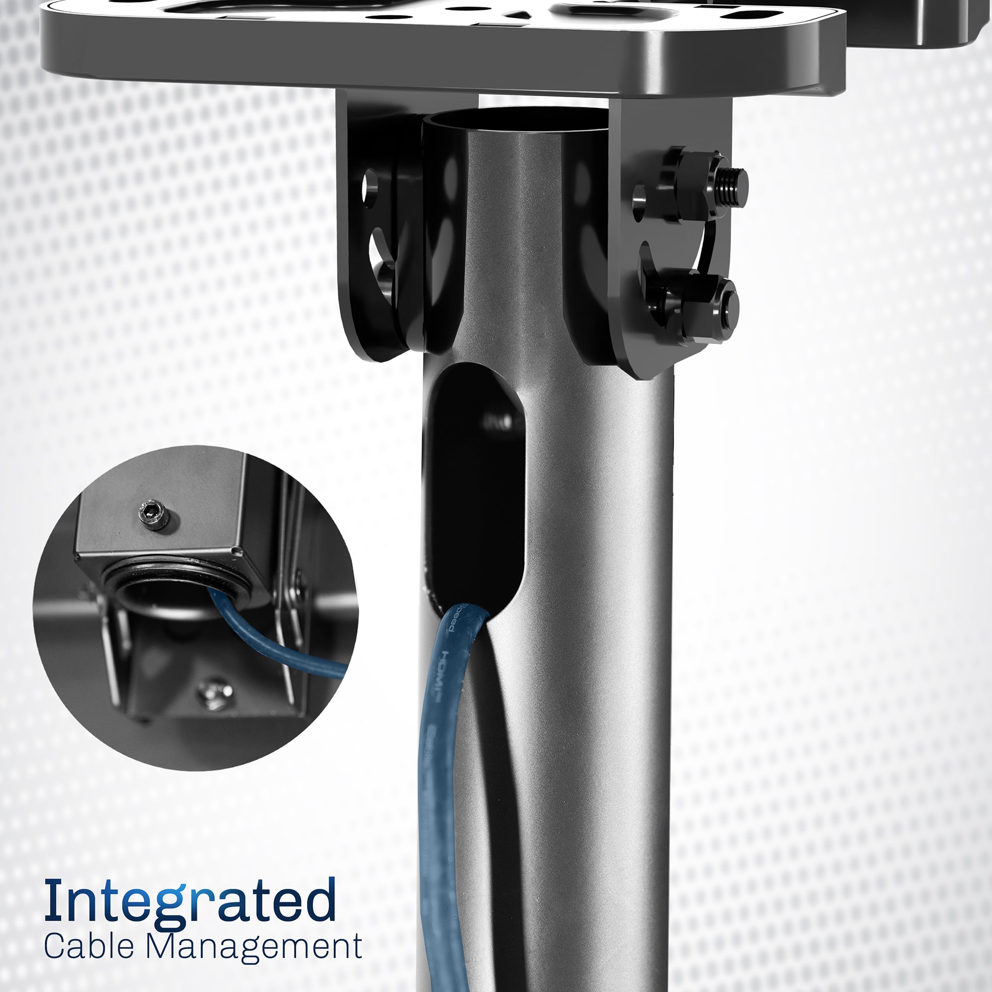 Height adjustable large TV mount with tilt, swivel, and an integrated cable management system. Mount to flat and sloped ceilings or wall with hardware and instructions included.