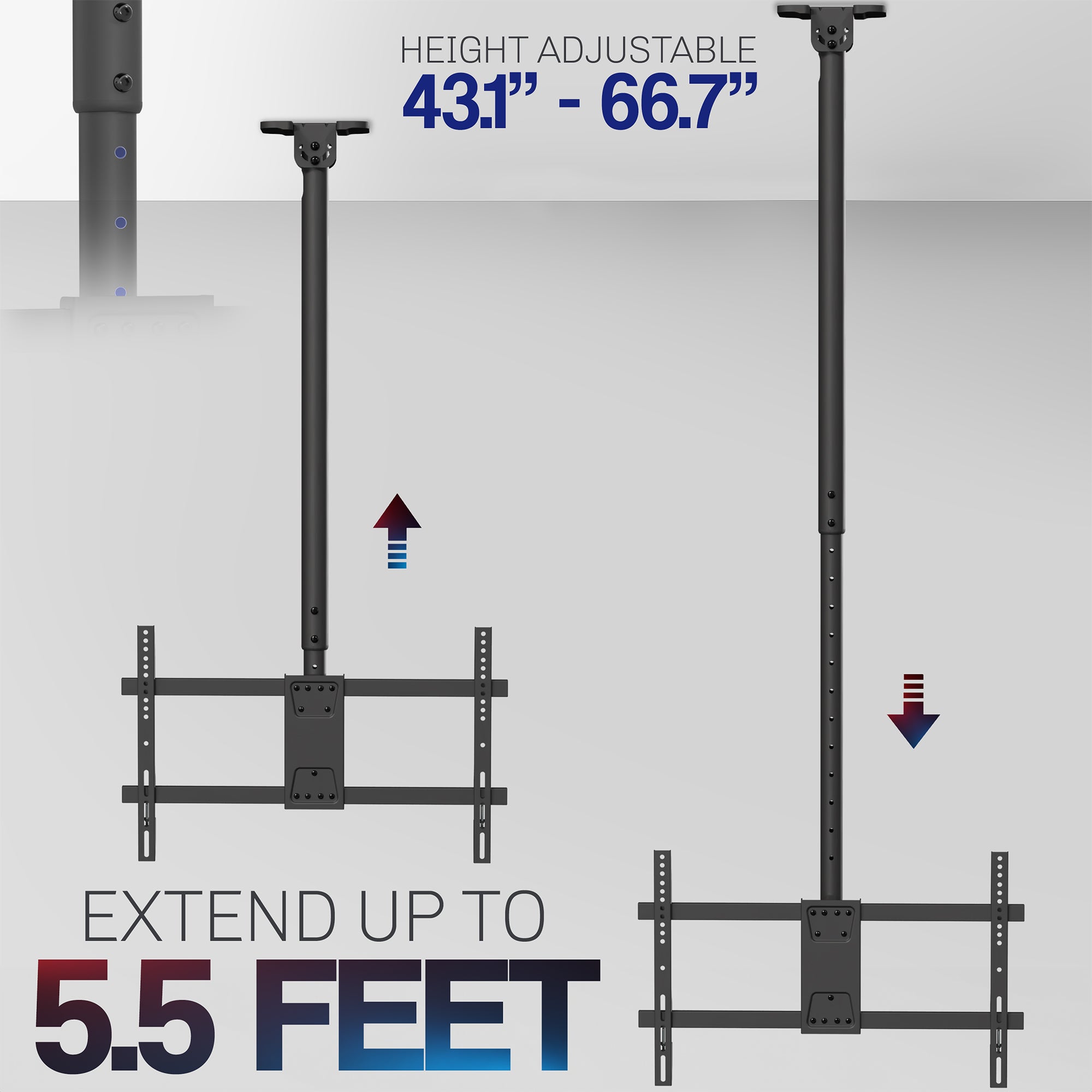 Height adjustable large TV mount with tilt, swivel, and an integrated cable management system. Mount to flat and sloped ceilings or wall with hardware and instructions included.