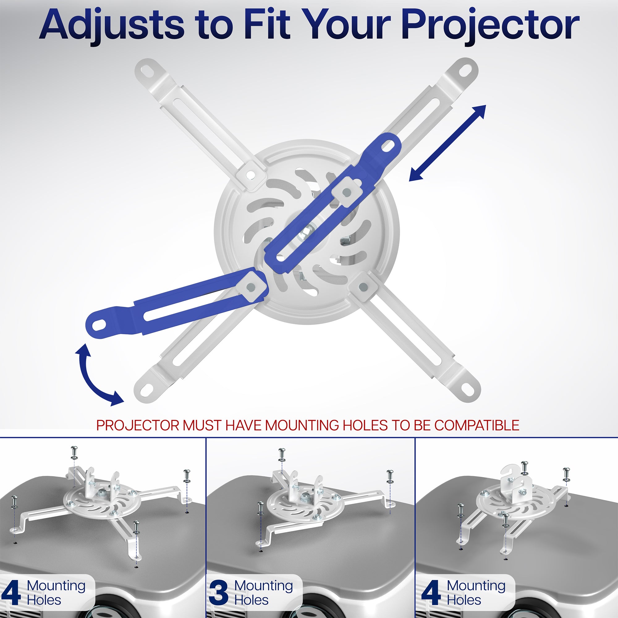 Projector mount with adjustable arm and compatibility information on a white background