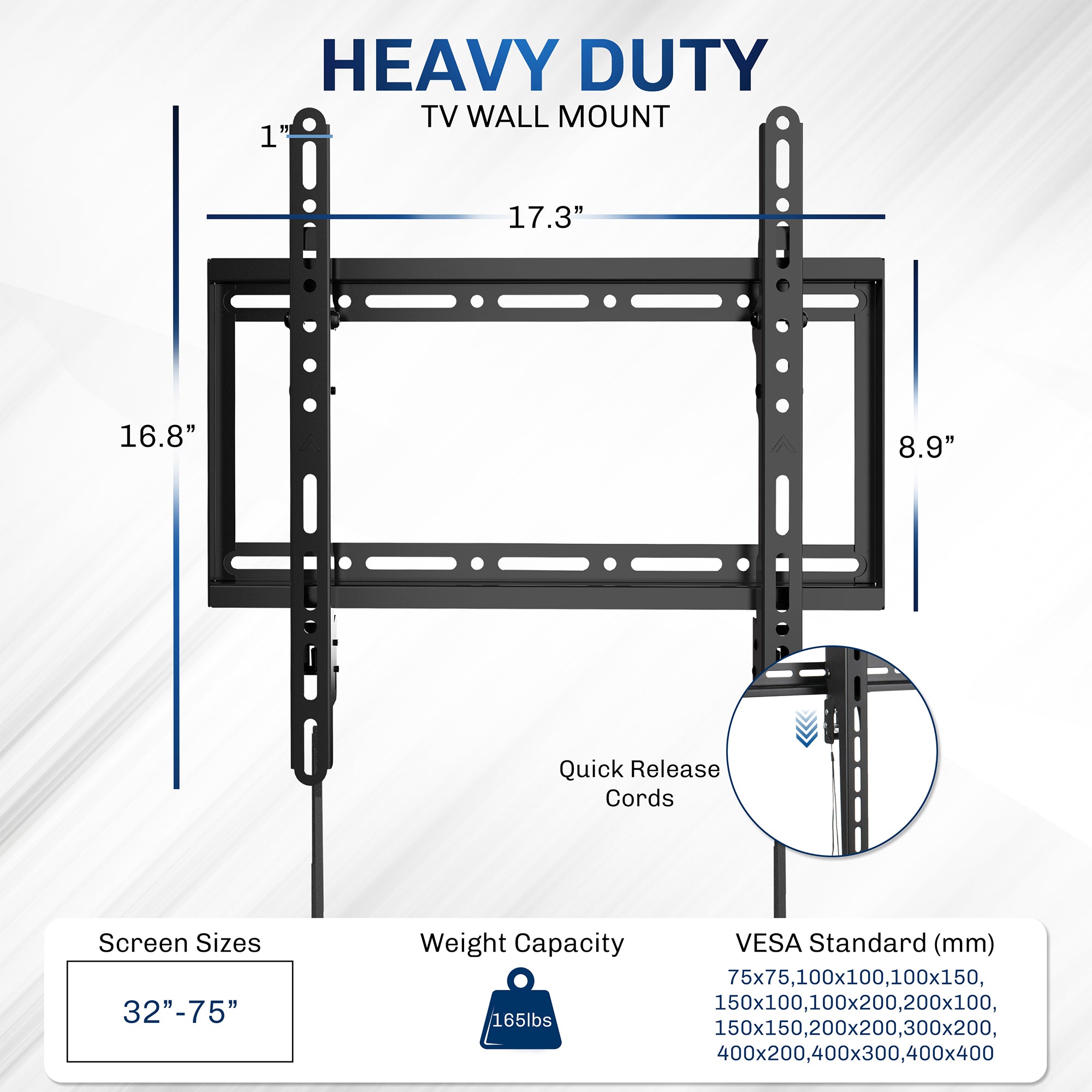 Heavy-duty TV wall mount with dimensions and features on a white background