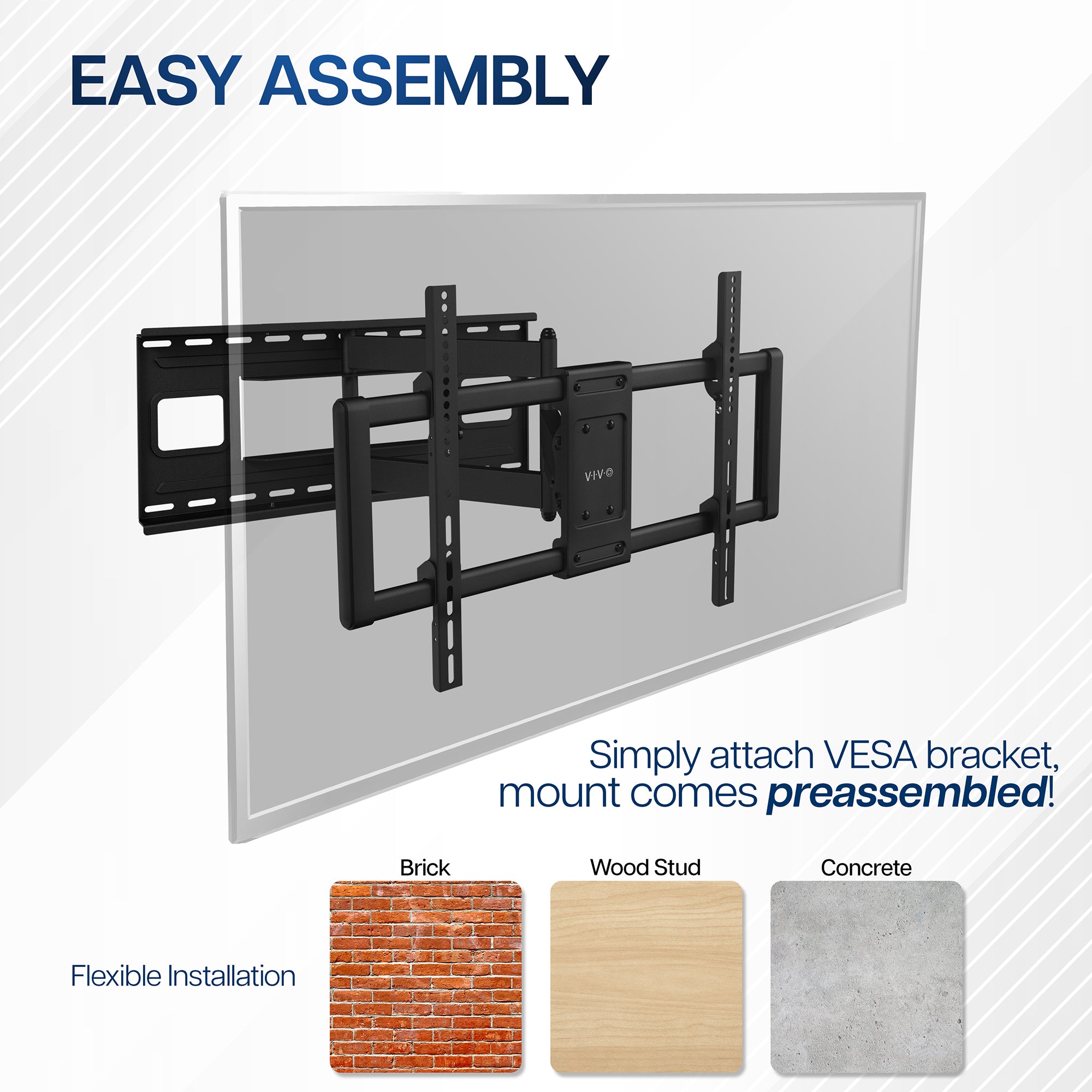 TV wall mount with VESA bracket on a white background, showing installation flexibility on different surfaces.