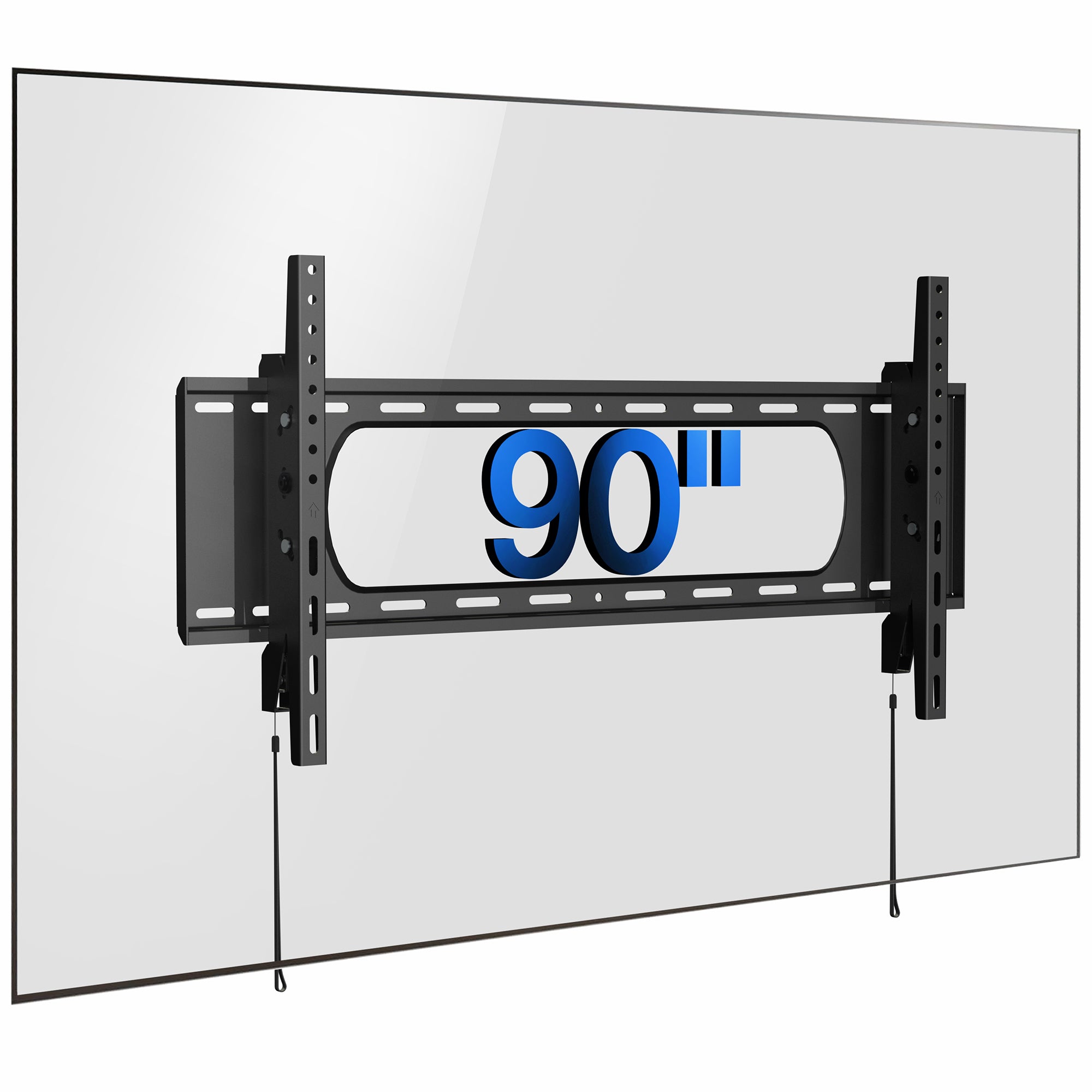 A black tilting wall mount for TVs with a visible label showing the largest screen size compatibility.