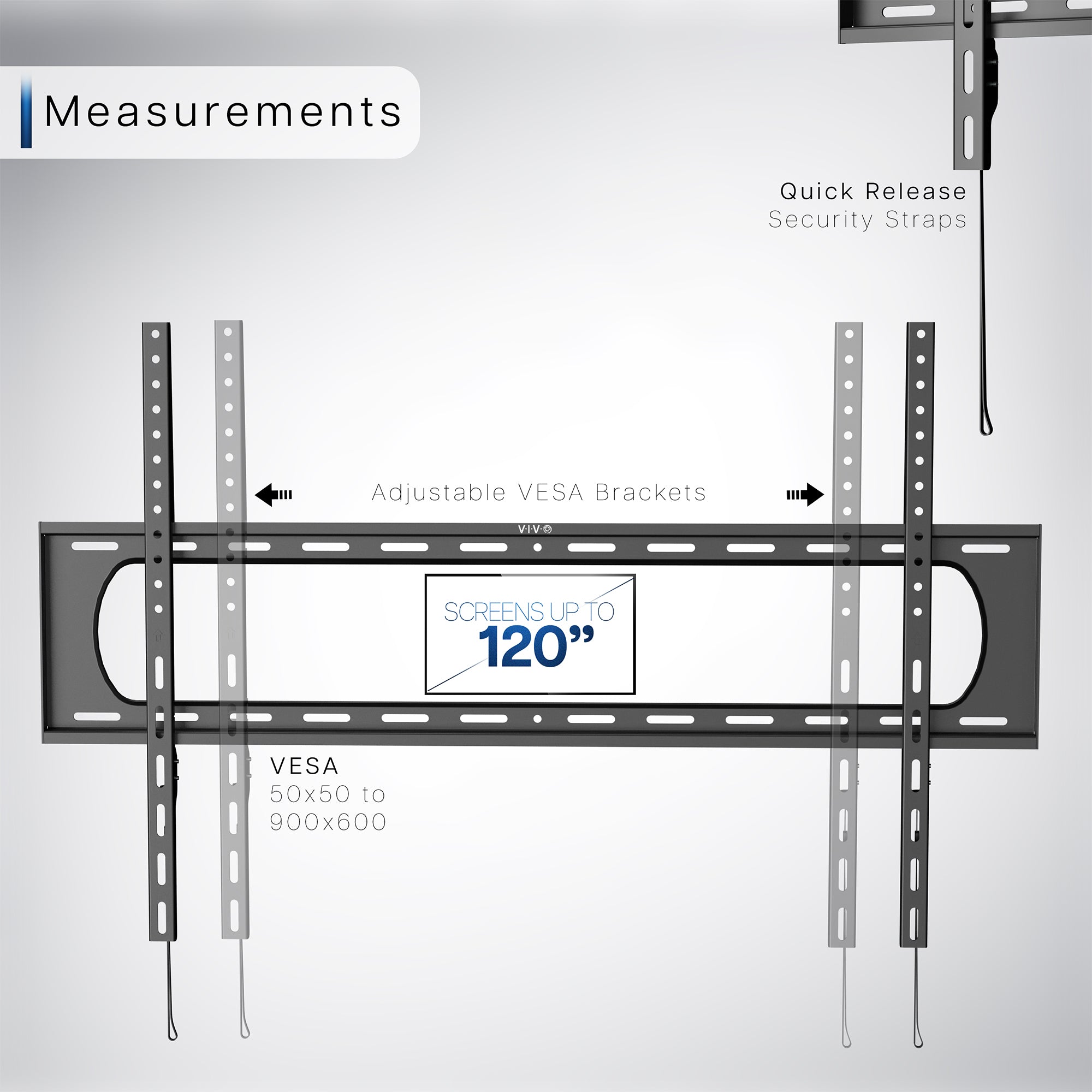 A black TV wall mount with a labeled screen size indicating the maximum size it can support.