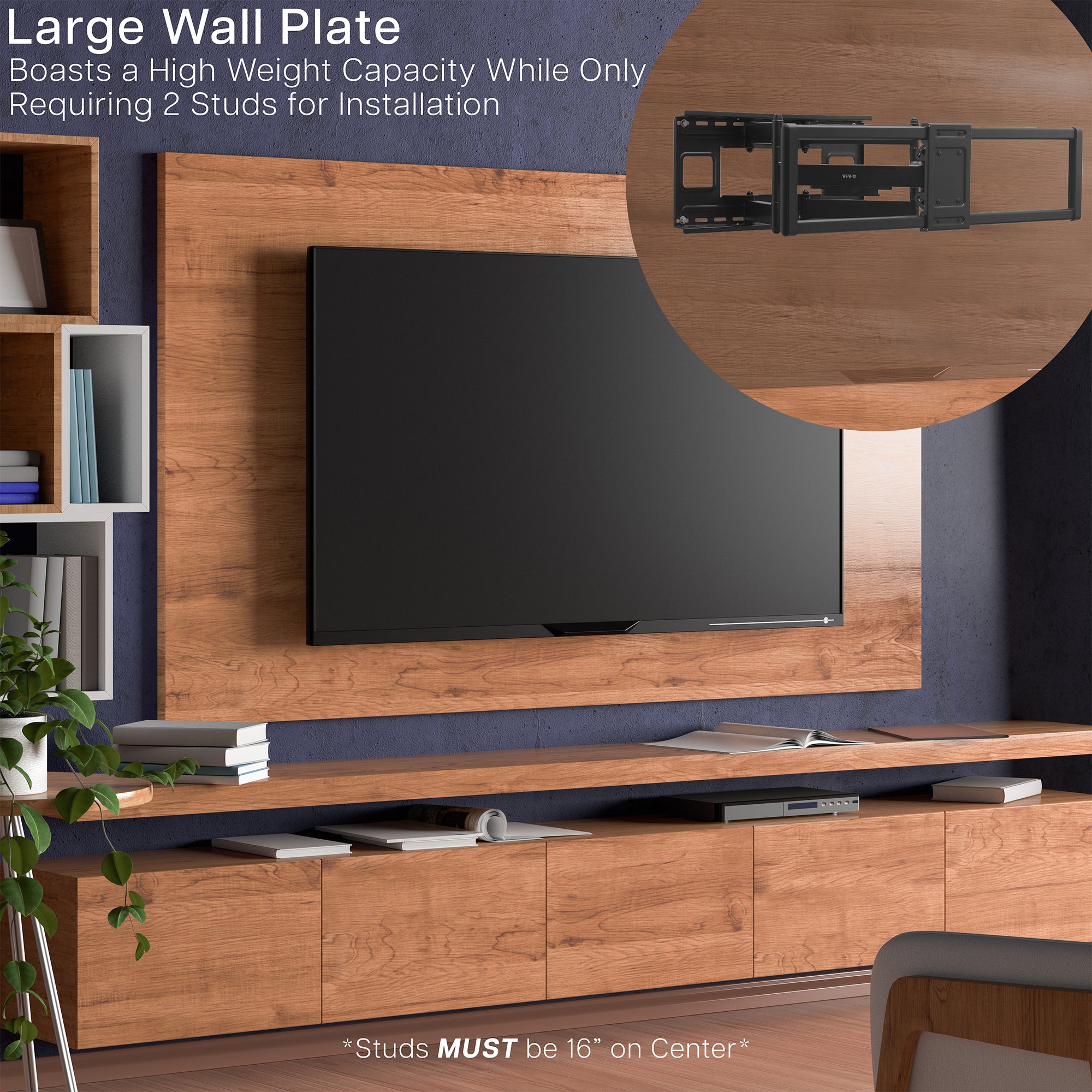 Wooden entertainment center with a TV mounted on a heavy-duty mount, featuring the large wall plate that holds a high weight capacity and only requires 2 studs for installation.