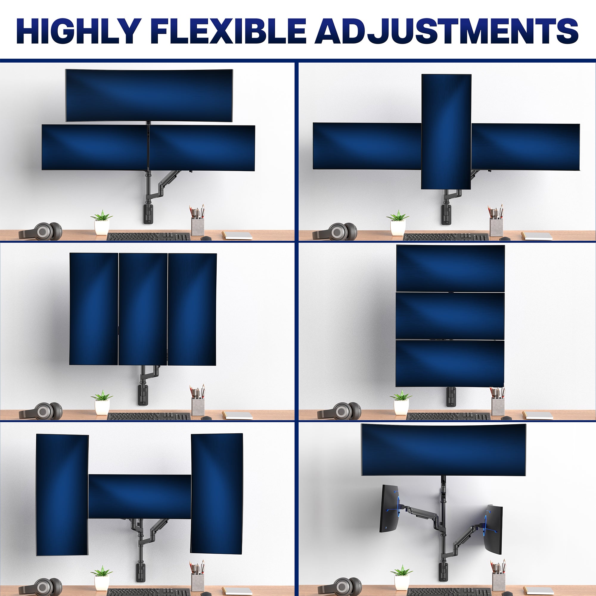 Multiple views of a computer setup with adjustable monitors on a desk.
