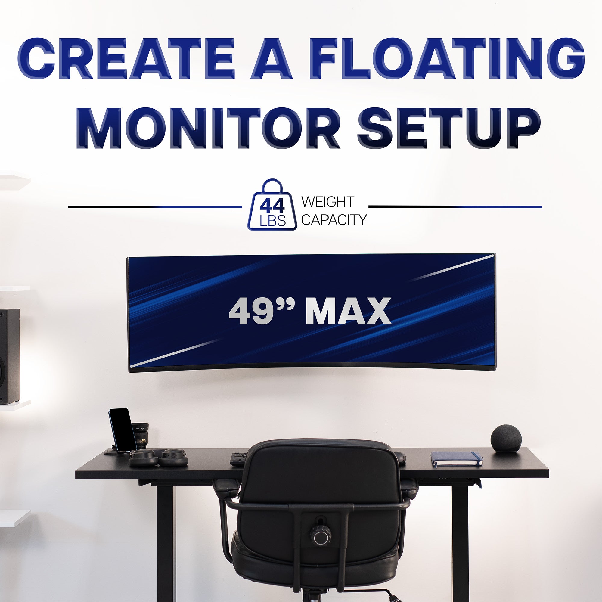 49-inch monitor setup on a desk with 44 lb weight capacity