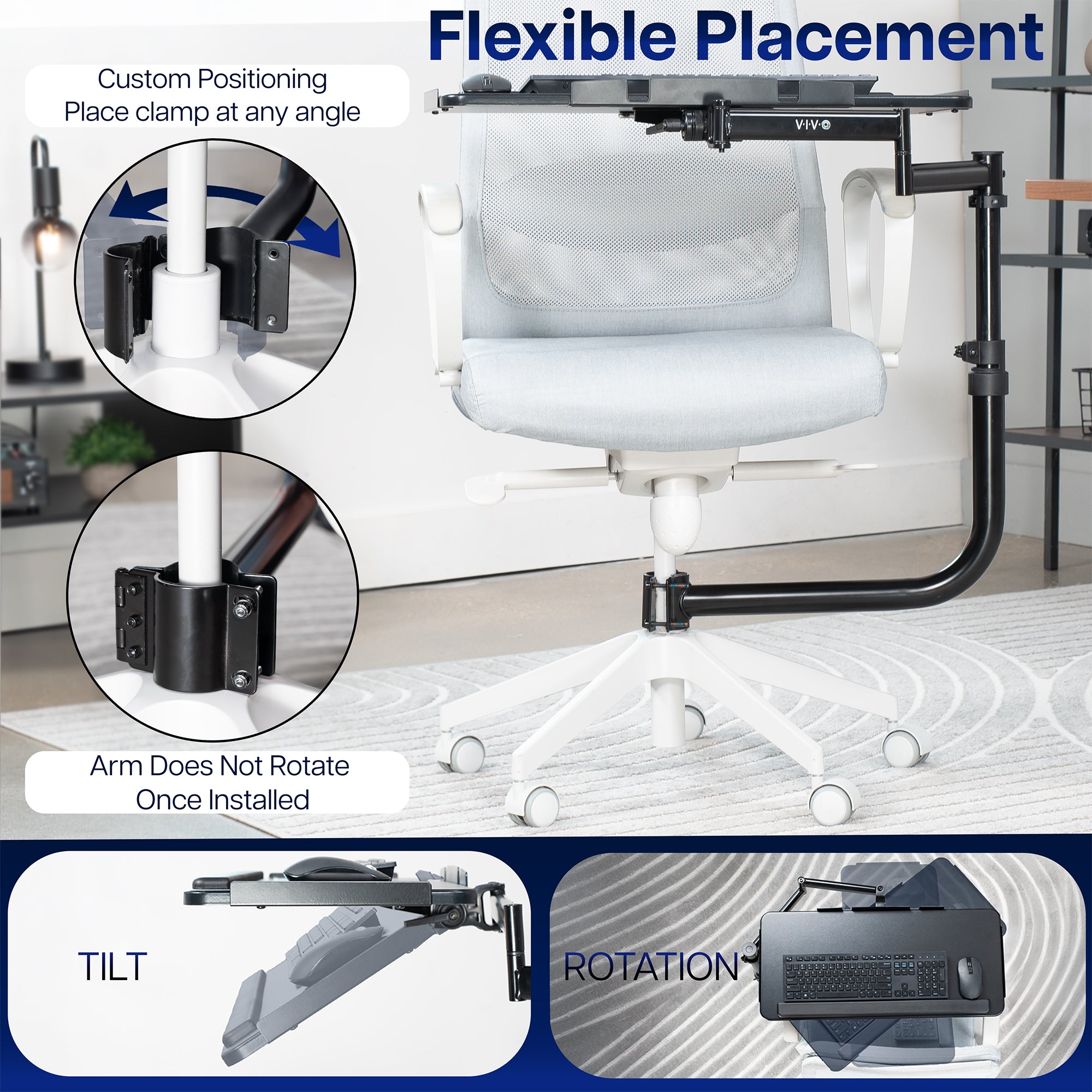 Office Chair Mounted Premium Keyboard Tray with custom positioning and flexible placement.
