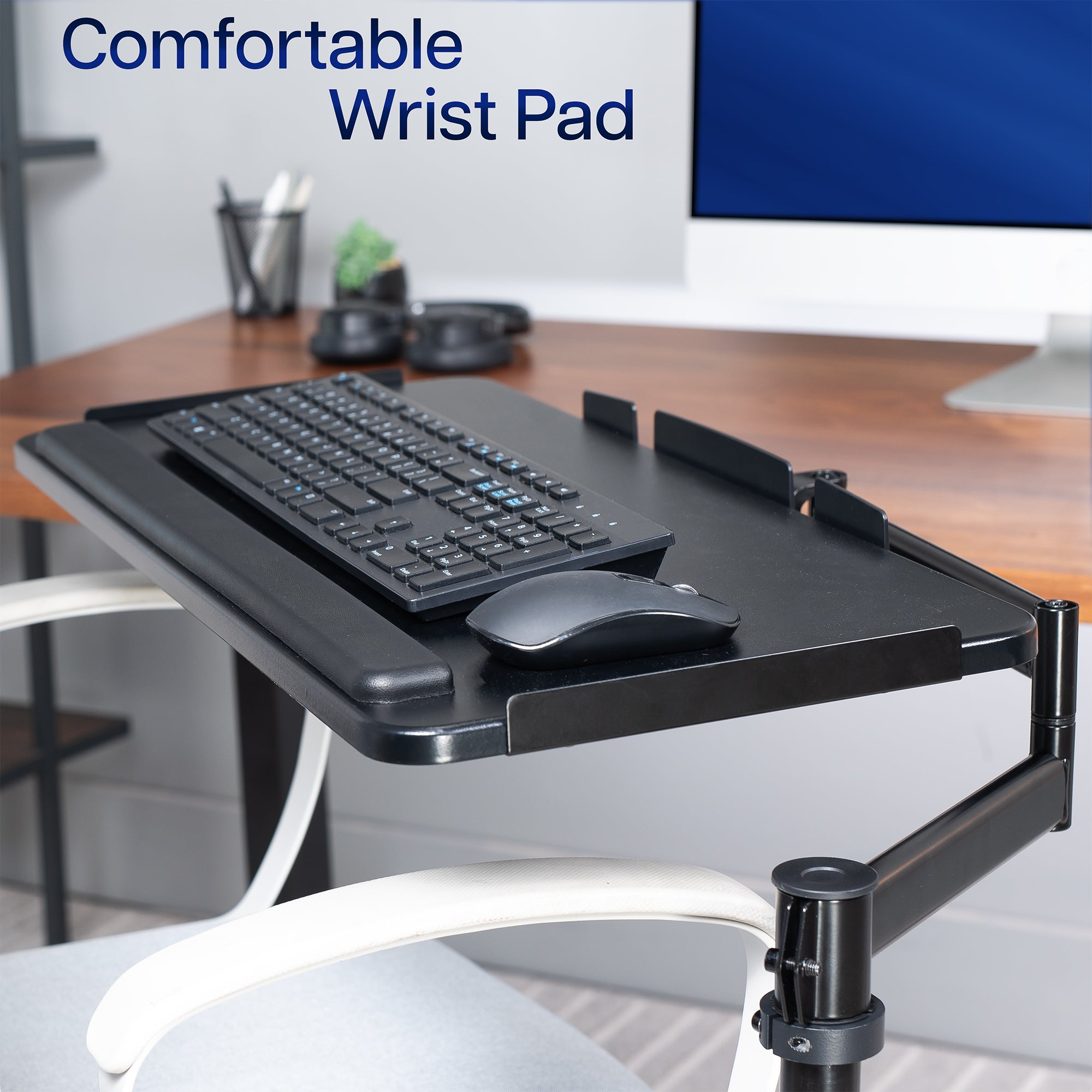 Office Chair Mounted Premium Keyboard Tray with a keyboard and mouse on it, featuring 'Comfortable Wrist Pad' text.