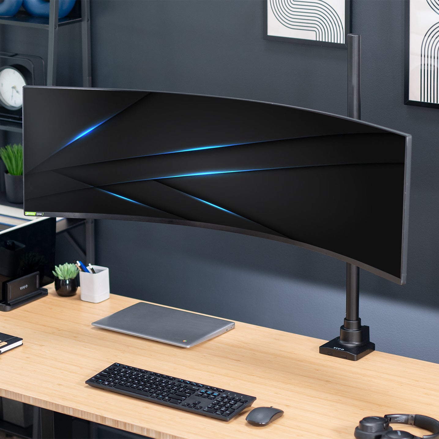 Extra tall single monitor ultrawide desk mount with extending arm: Features height adjustment, tilt, swivel, rotation, and built-in cable management.