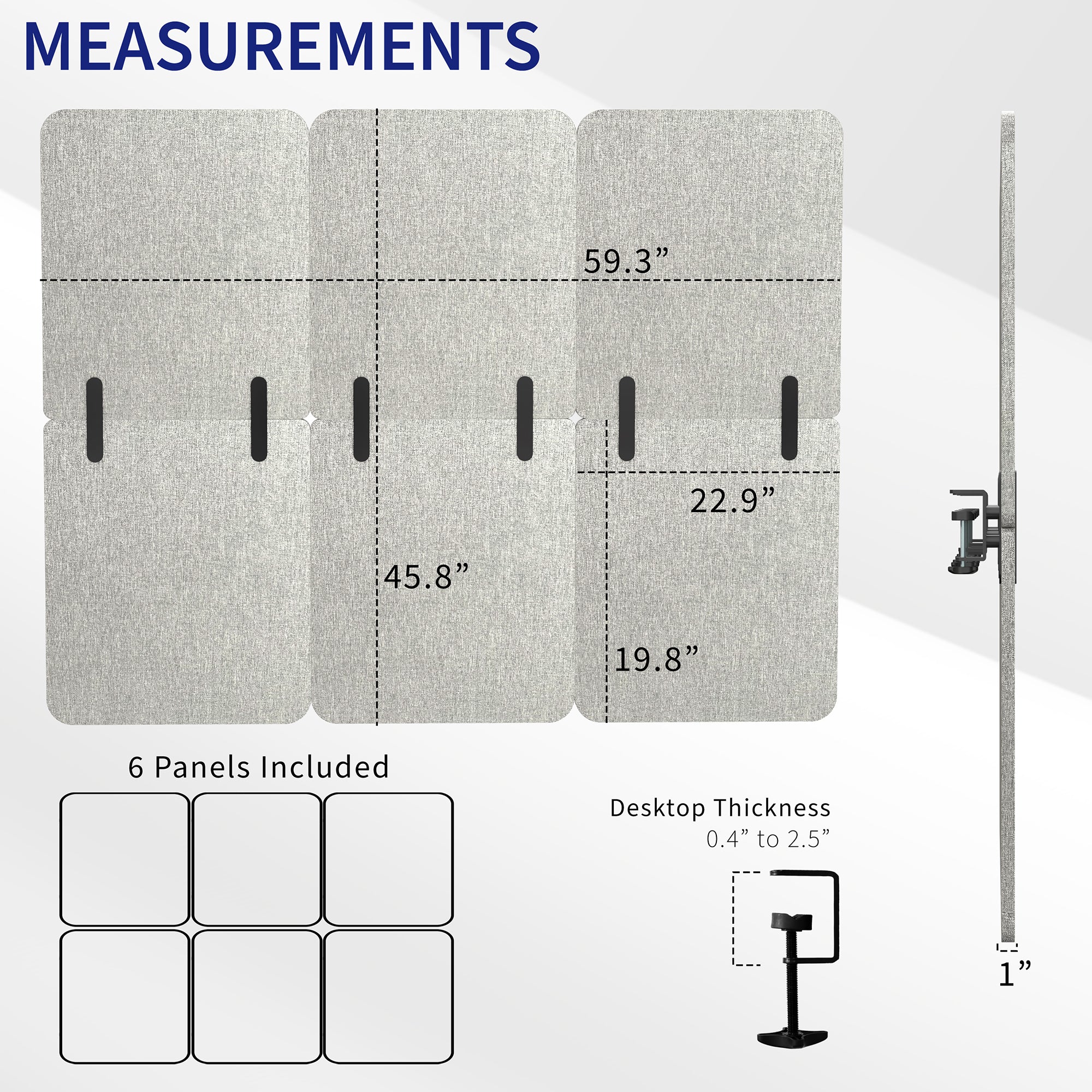 Full Height Clamp-on Desk Privacy Panels (x3) Measurements and Specifications