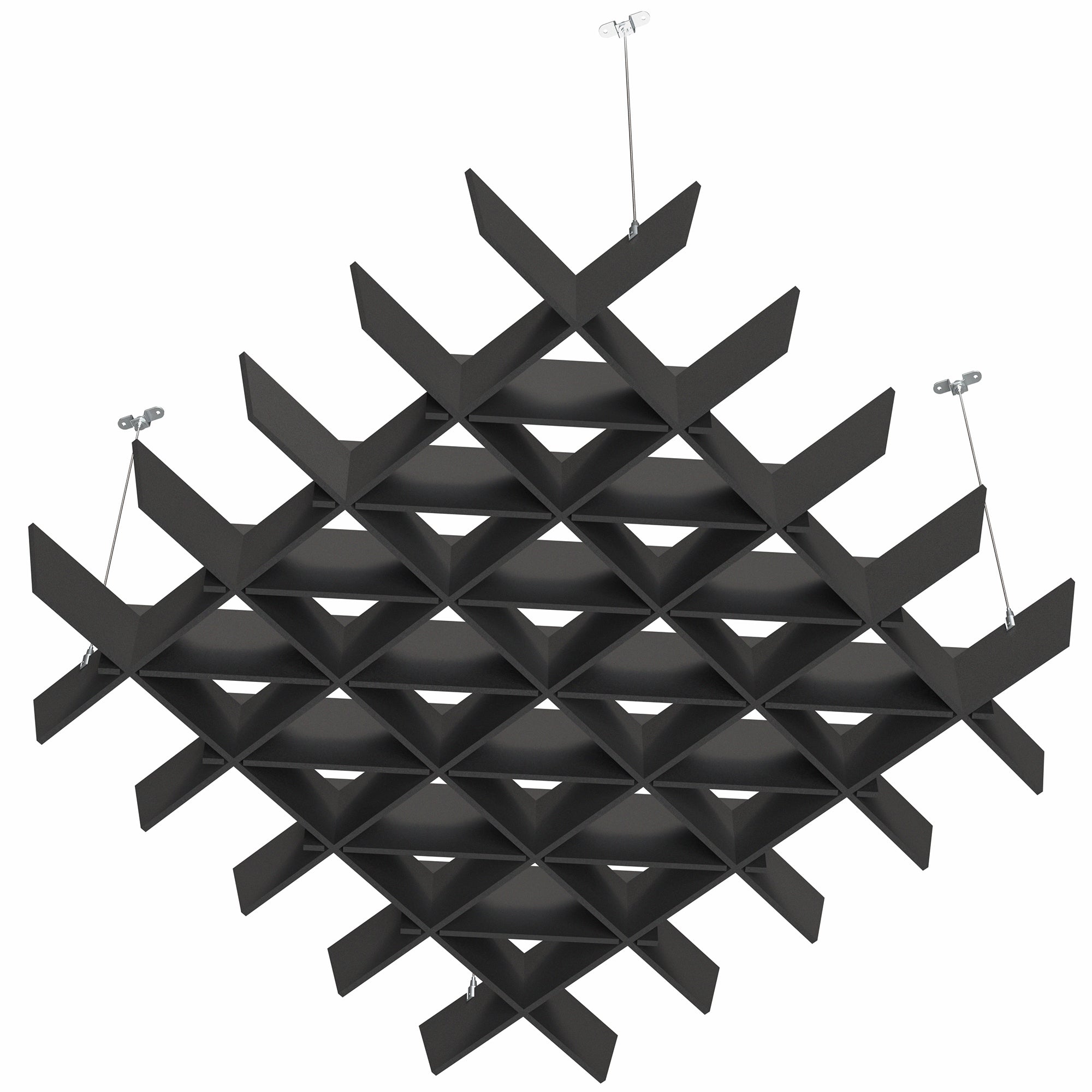 A black acoustic dual-layer ceiling waffle panel with a geometric pattern, mounted on a ceiling.